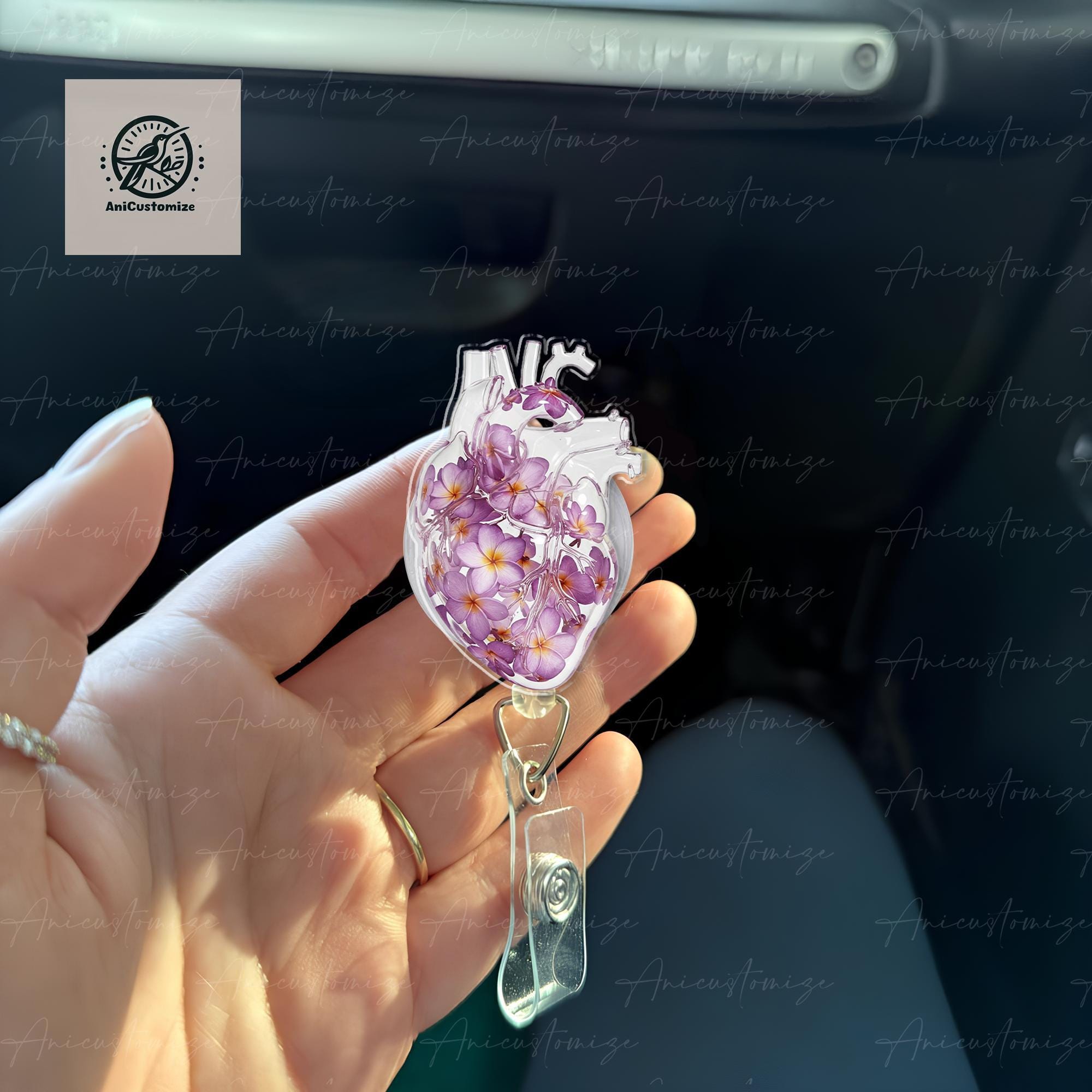 Plumeria Floral Heart Badge Reel, Anatomical Heart ID Holder, Cardiac Nurse Gift, Medical Badge Clip, Nurse Badge Accessory, Floral Lanyard