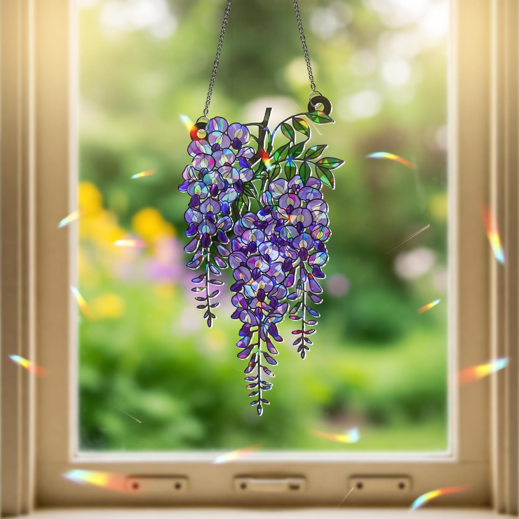 Wisteria Branch Acrylic Holographic Suncatcher Gift for Mom – Floral Window Decor for Spring, Garden Flower Gift, Flower Home decor