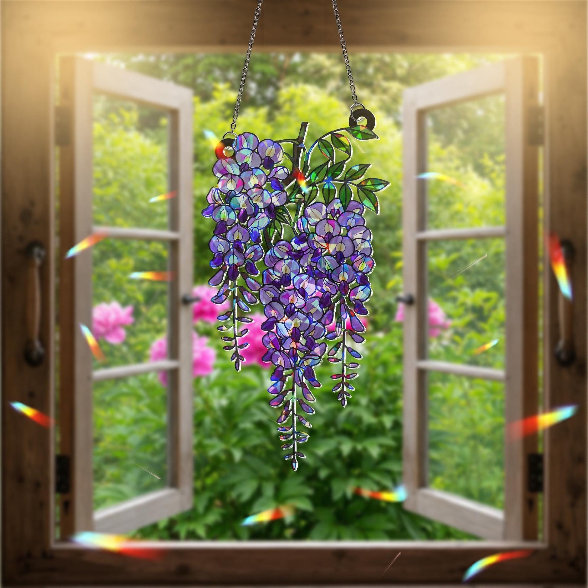 Wisteria Branch Acrylic Holographic Suncatcher Gift for Mom – Floral Window Decor for Spring, Garden Flower Gift, Flower Home decor