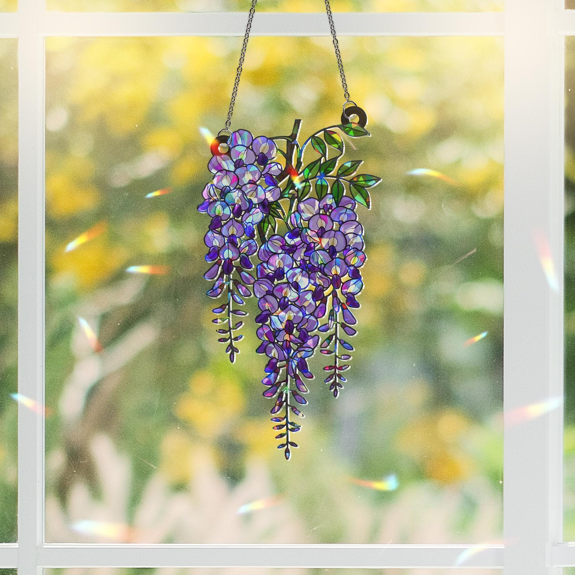 Wisteria Branch Acrylic Holographic Suncatcher Gift for Mom – Floral Window Decor for Spring, Garden Flower Gift, Flower Home decor