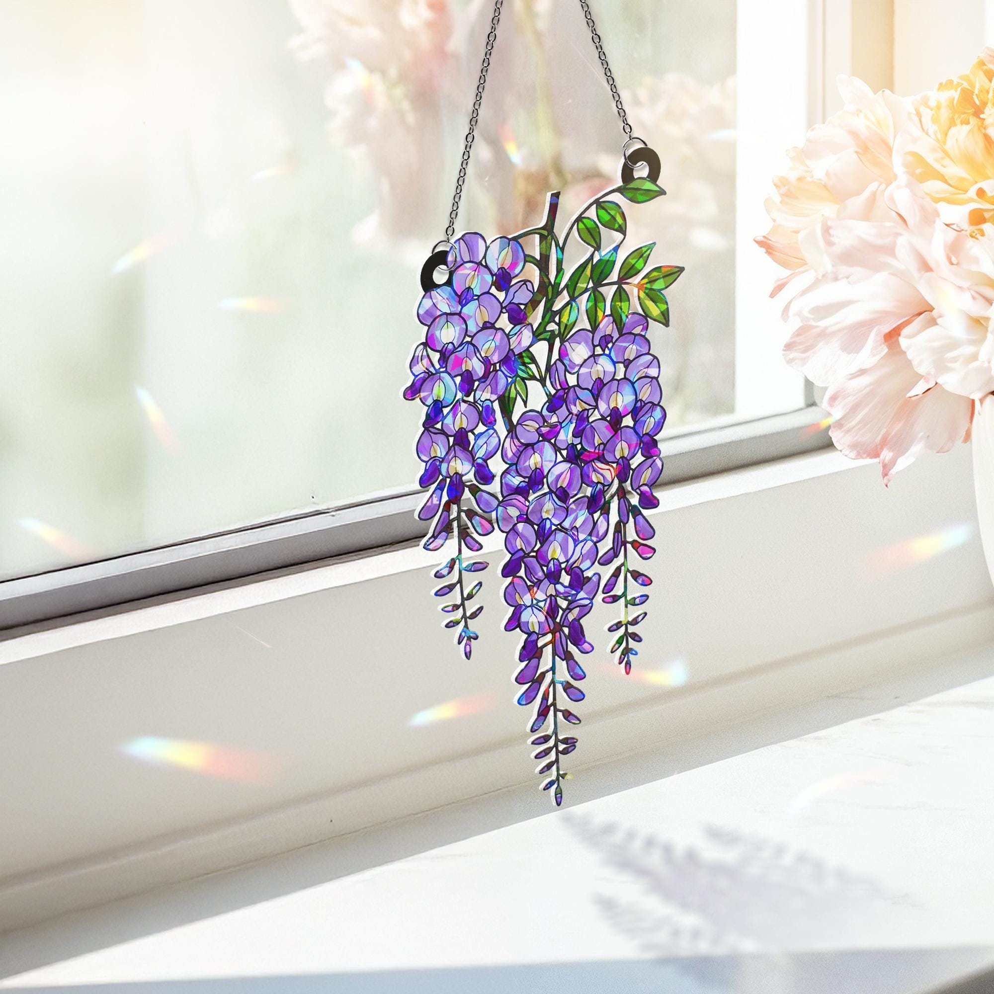 Wisteria Branch Acrylic Holographic Suncatcher Gift for Mom – Floral Window Decor for Spring, Garden Flower Gift, Flower Home decor