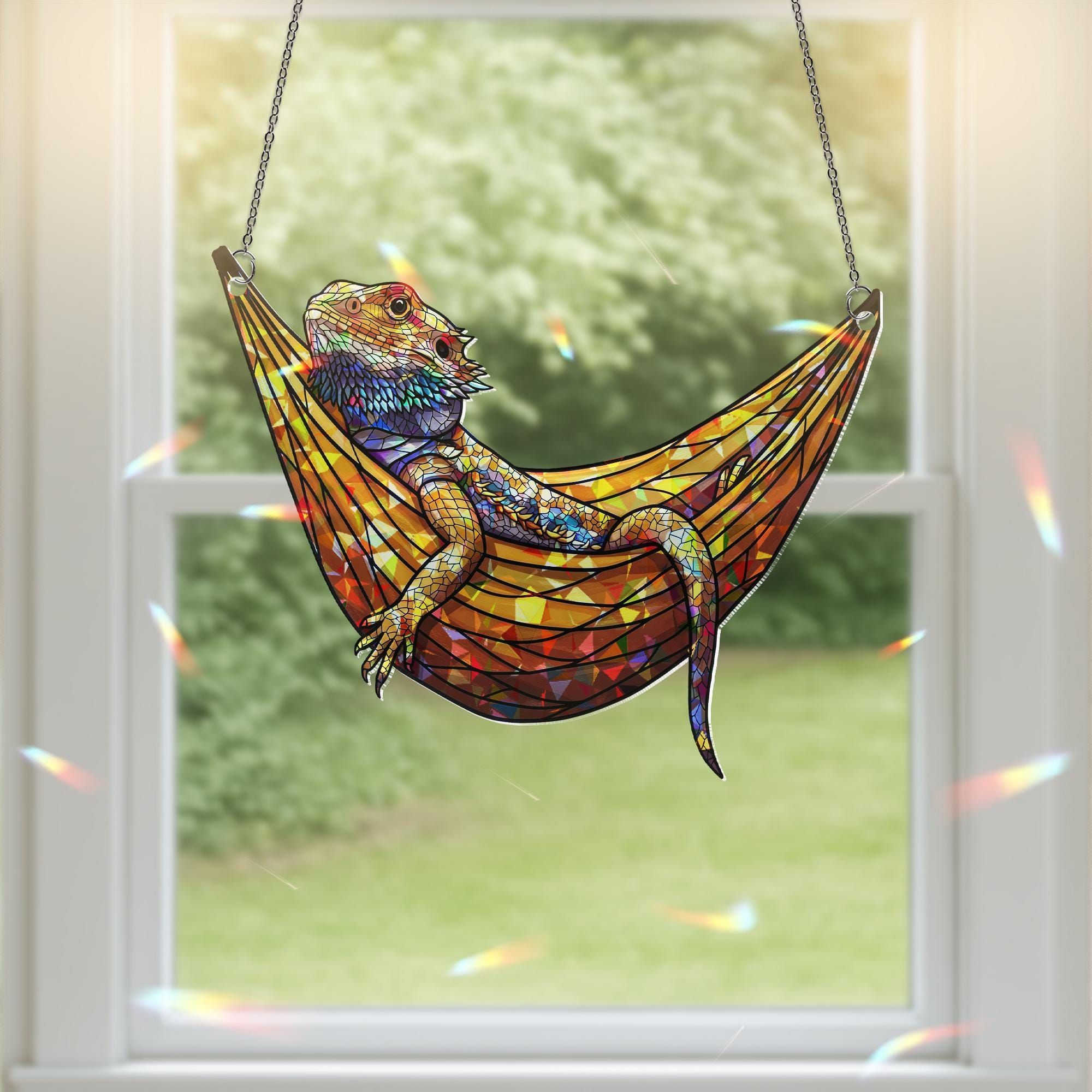 Bearded Dragon Suncatcher Holographic Window Decor | Lizard Sun Catcher in Hammock | Reptile Lover Gift | Lizard Room Decor