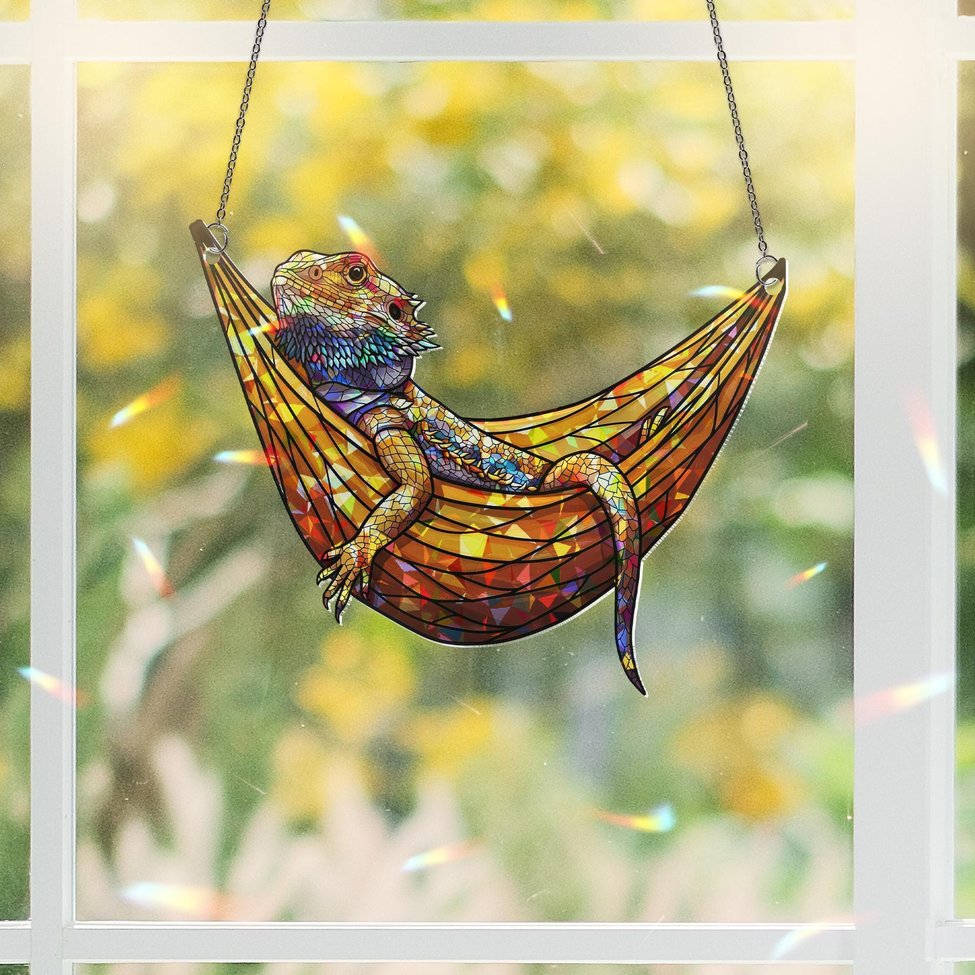 Bearded Dragon Suncatcher Holographic Window Decor | Lizard Sun Catcher in Hammock | Reptile Lover Gift | Lizard Room Decor