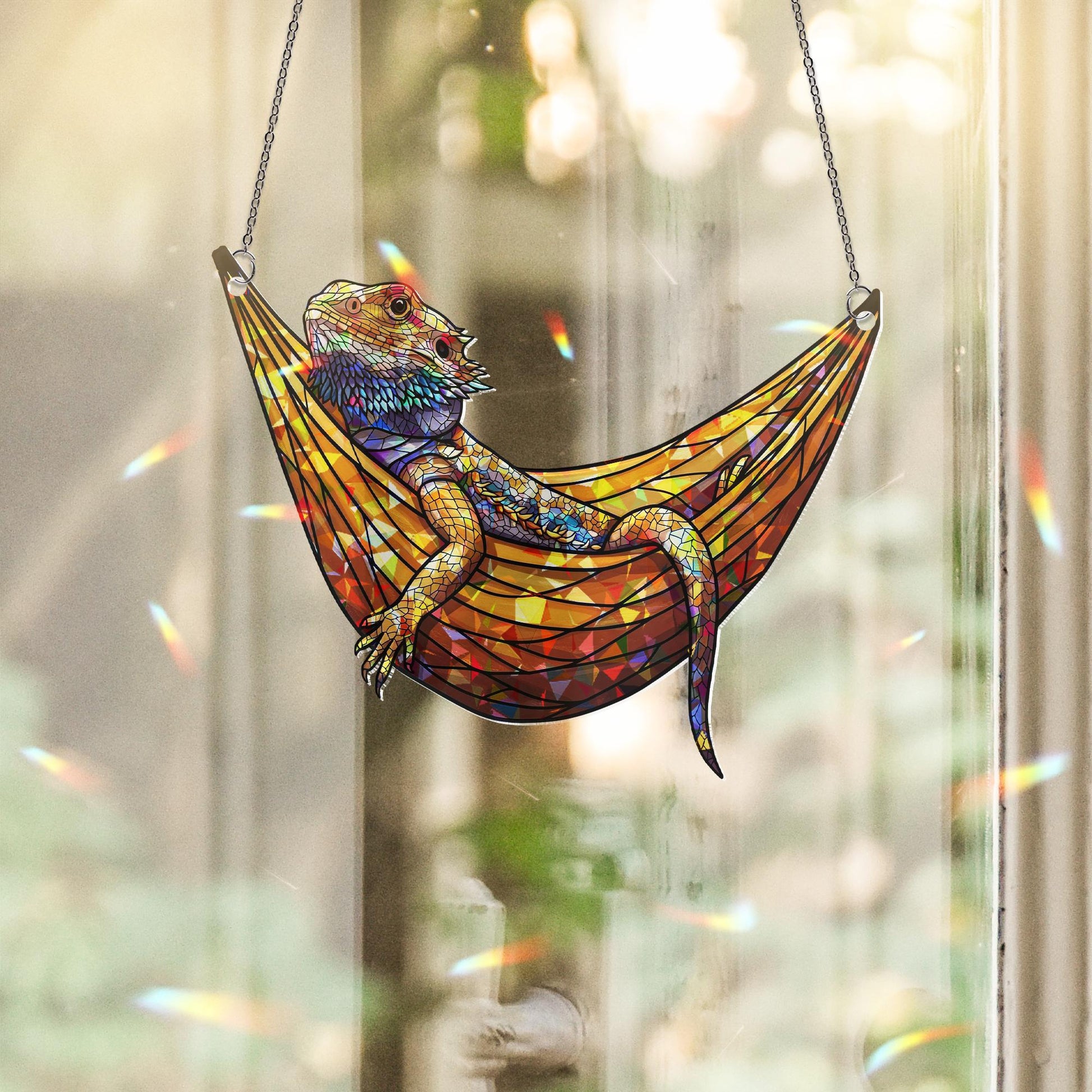 Bearded Dragon Suncatcher Holographic Window Decor | Lizard Sun Catcher in Hammock | Reptile Lover Gift | Lizard Room Decor