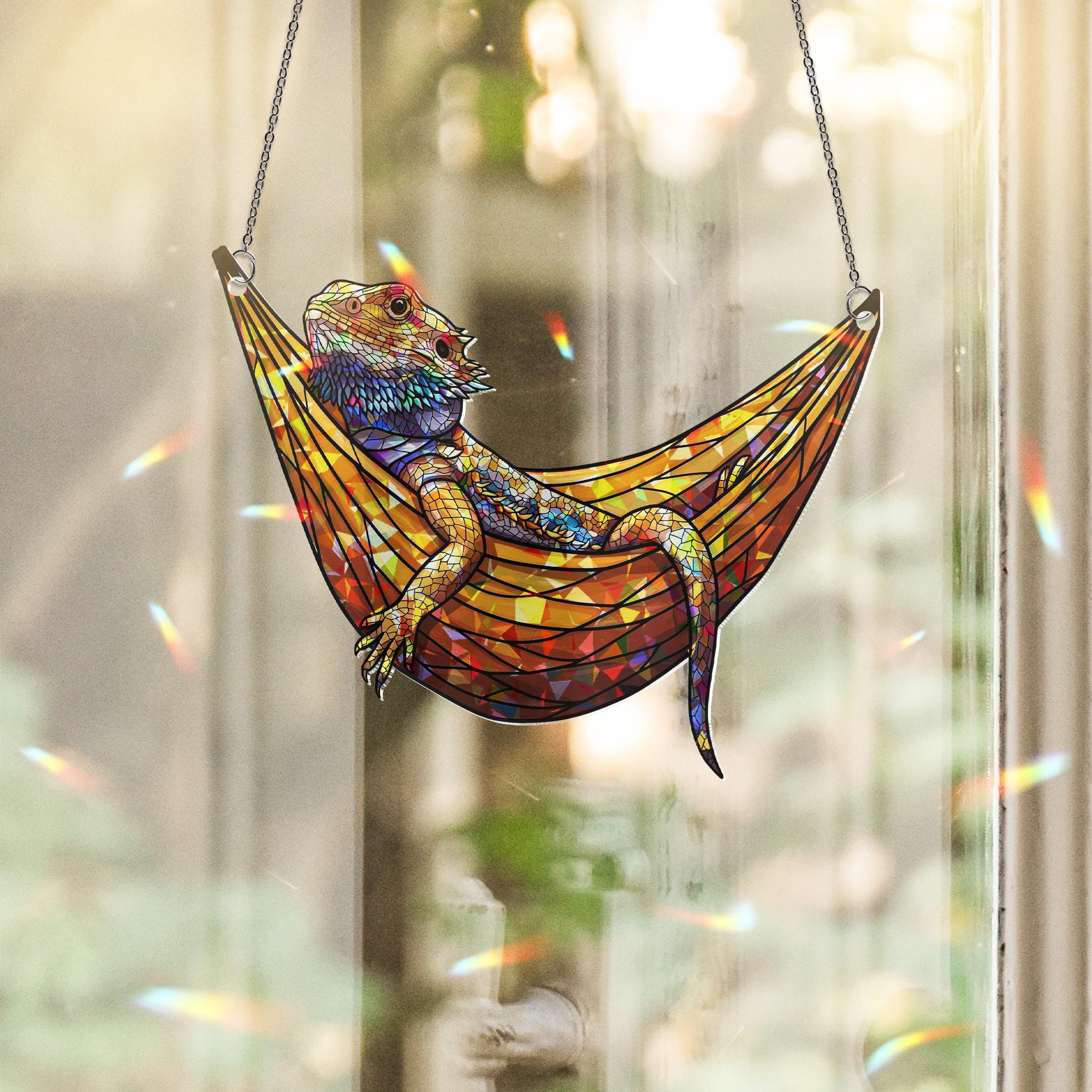 Bearded Dragon Suncatcher Holographic Window Decor | Lizard Sun Catcher in Hammock | Reptile Lover Gift | Lizard Room Decor
