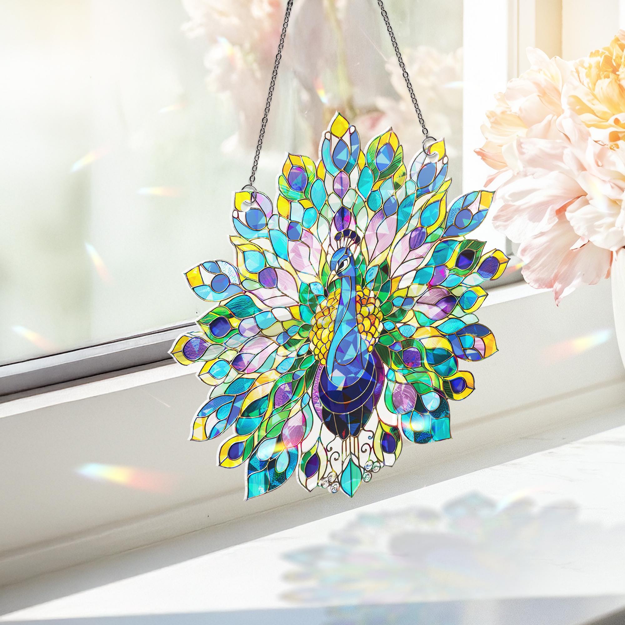 Peacock Holographic Suncatcher for Windows | Acrylic Stained Glass Style Bird Decor | Colorful Sun Catcher Gift for Bird Lovers