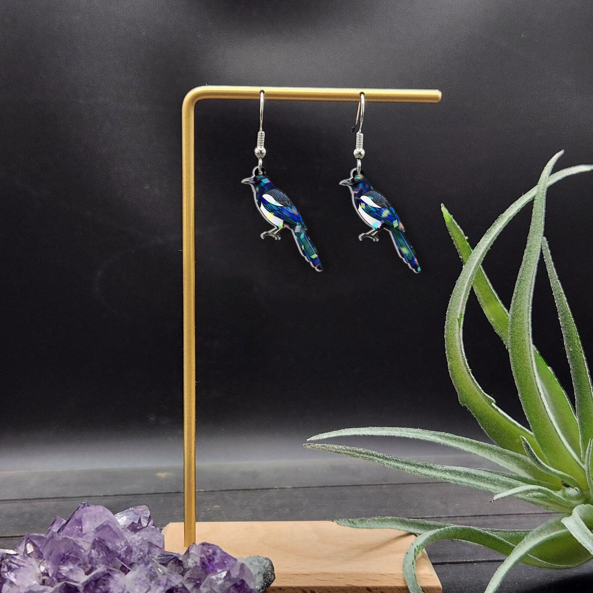 Magpie Bird Dangle Earrings | Nature-Inspired Jewelry | Unique Bird Lover Gift | Lightweight Statement Earrings