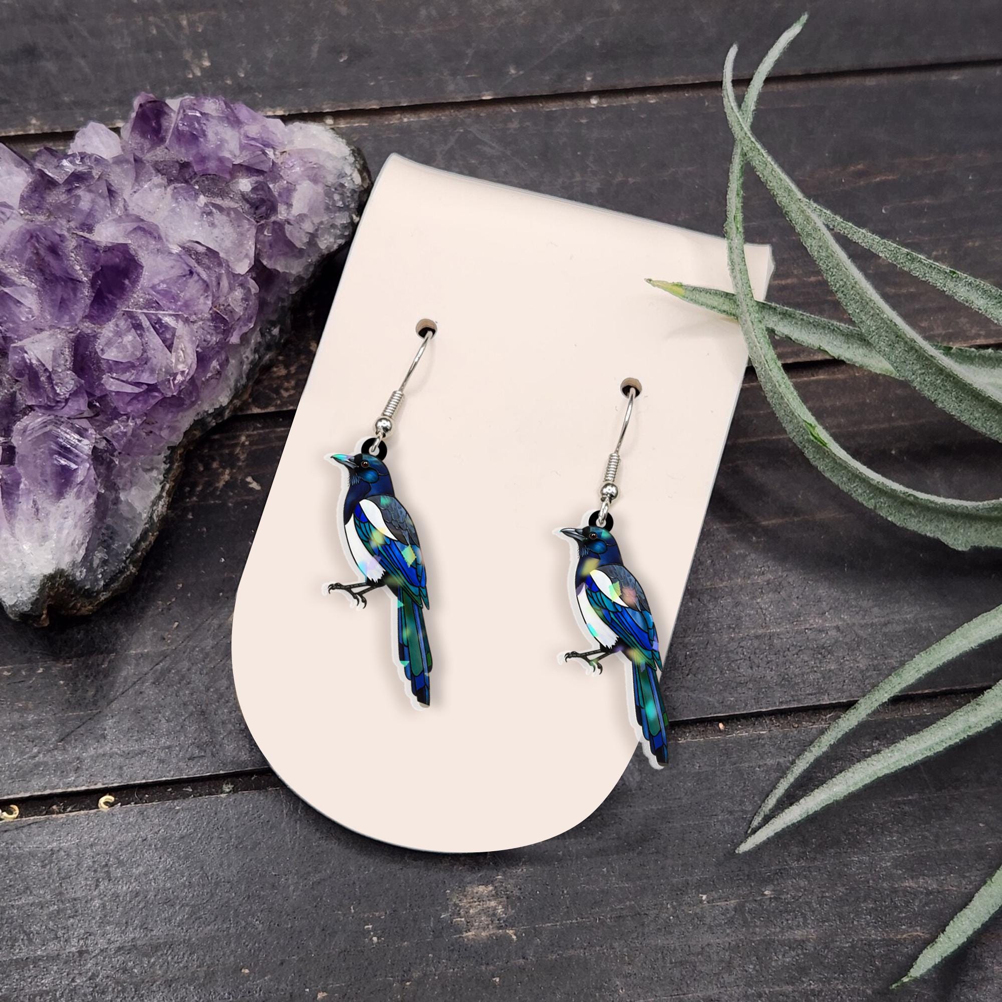 Magpie Bird Dangle Earrings | Nature-Inspired Jewelry | Unique Bird Lover Gift | Lightweight Statement Earrings