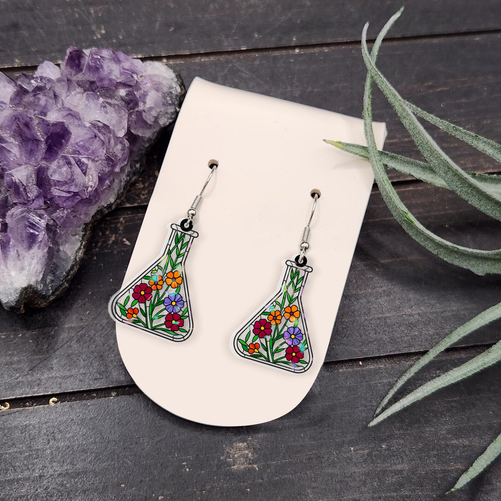 Floral Flask Acrylic Earrings, Science Jewelry, Botanical Dangle Earrings, Cute Lab Accessory, Chemistry Gift for Her, Scientist Gift