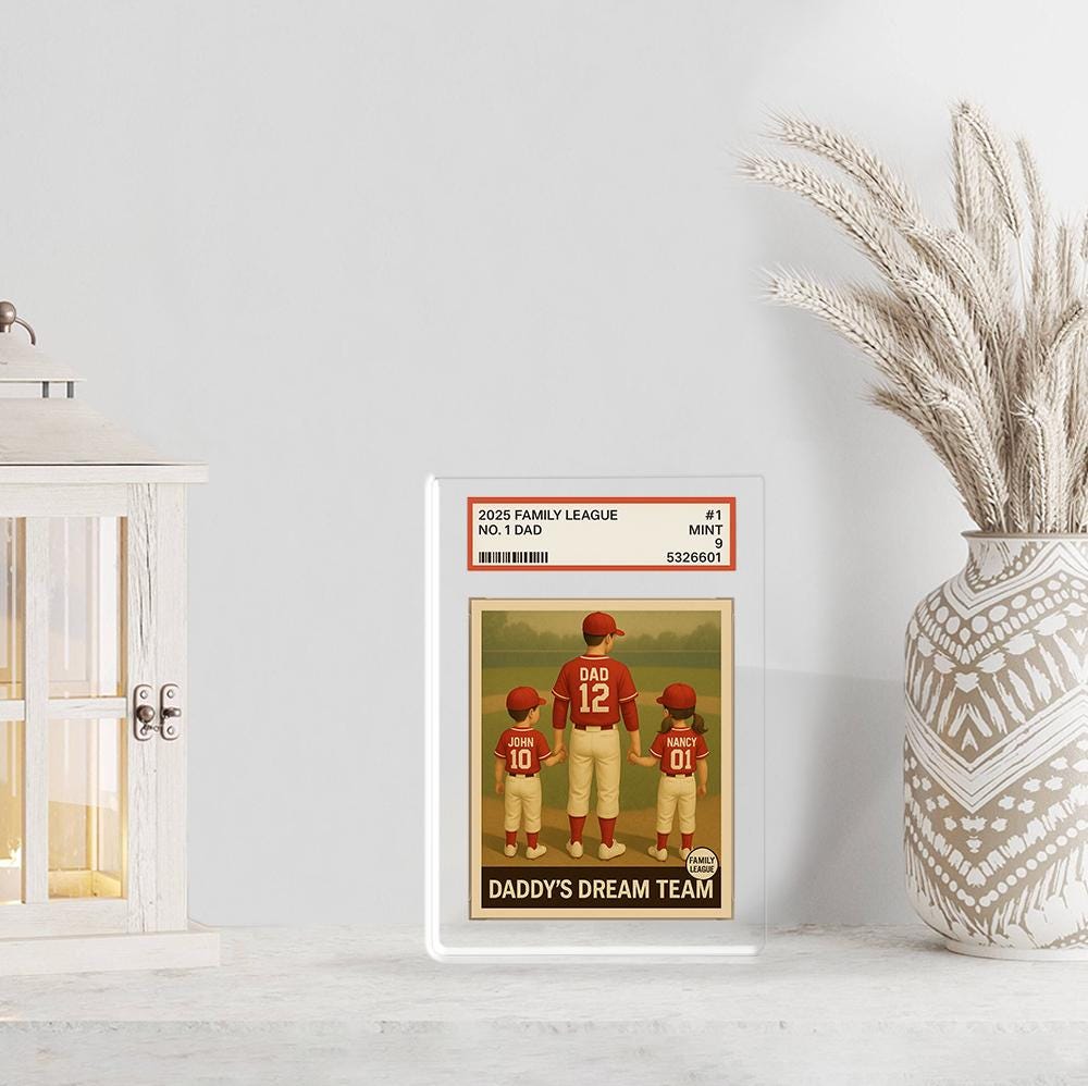 Baseball No. 1 Dad Grandpa Man & Kids Trading Card Style Personalized Acrylic Block Plaque, Father's Day Gift for Baseball Dad, Husband