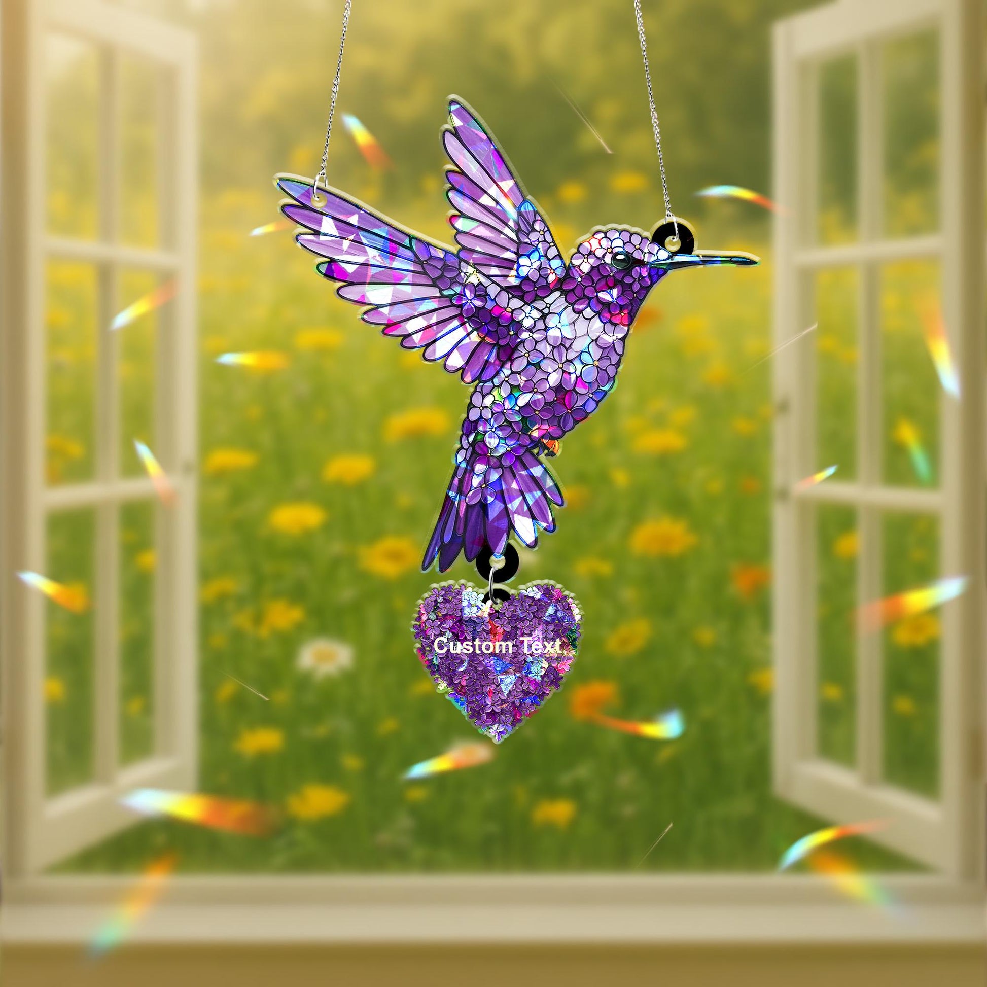 Custom Purple Lilac Hummingbird Acrylic Holographic Suncatcher Gift for Mom – Personalized Window Decor for Mother's Day