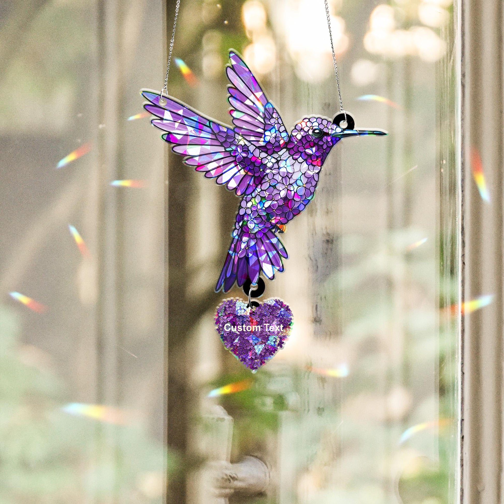 Custom Purple Lilac Hummingbird Acrylic Holographic Suncatcher Gift for Mom – Personalized Window Decor for Mother's Day