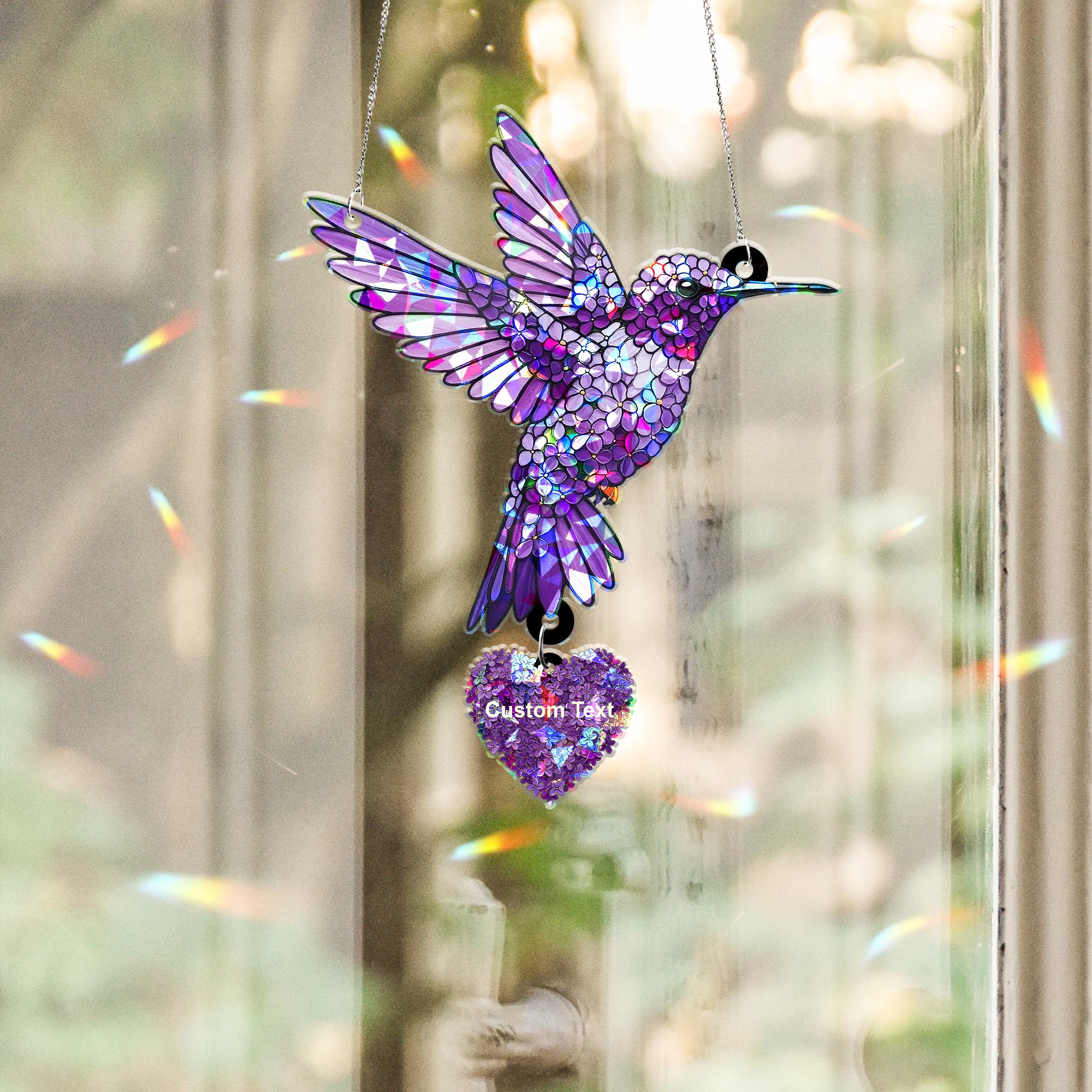 Custom Purple Lilac Hummingbird Acrylic Holographic Suncatcher Gift for Mom – Personalized Window Decor for Mother's Day