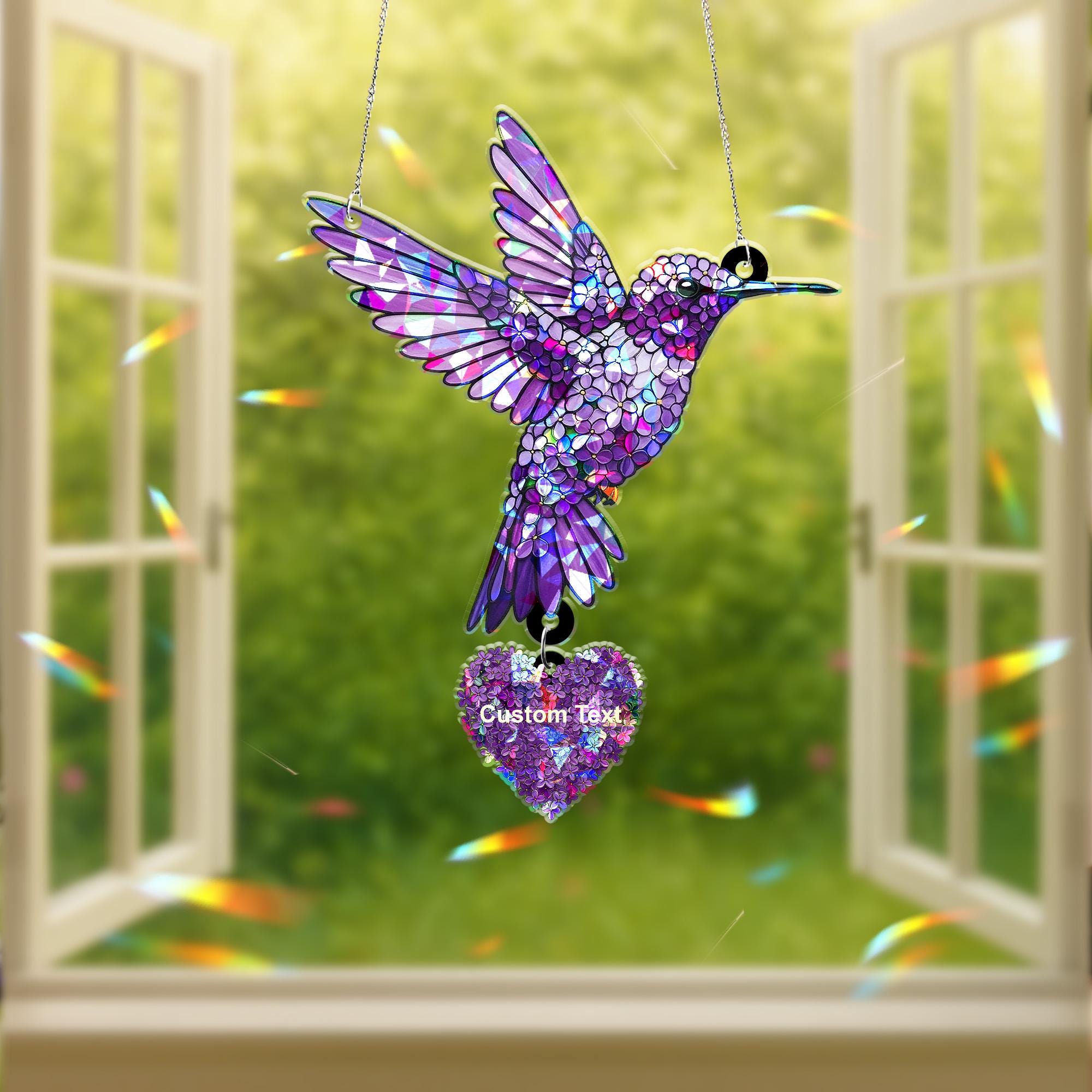 Custom Purple Lilac Hummingbird Acrylic Holographic Suncatcher Gift for Mom – Personalized Window Decor for Mother's Day