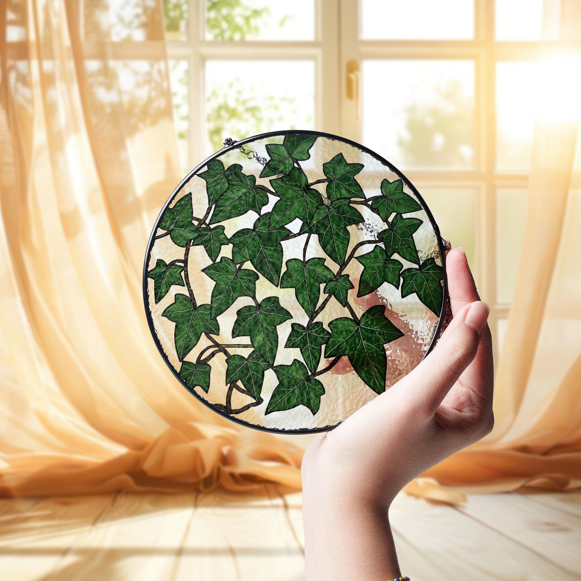 Ivy Leaves Glass Suncatcher, Green Leaf Window Panel, Nature Glass Decor, Botanical Home Art, Garden Lover Gift, Plant Mom Gift, Plant Lady