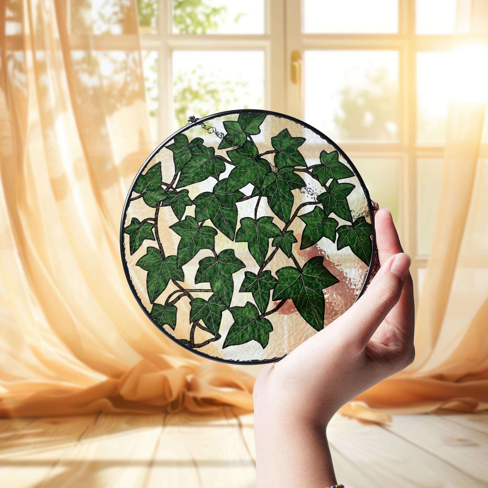 Ivy Leaves Glass Suncatcher, Green Leaf Window Panel, Nature Glass Decor, Botanical Home Art, Garden Lover Gift, Plant Mom Gift, Plant Lady
