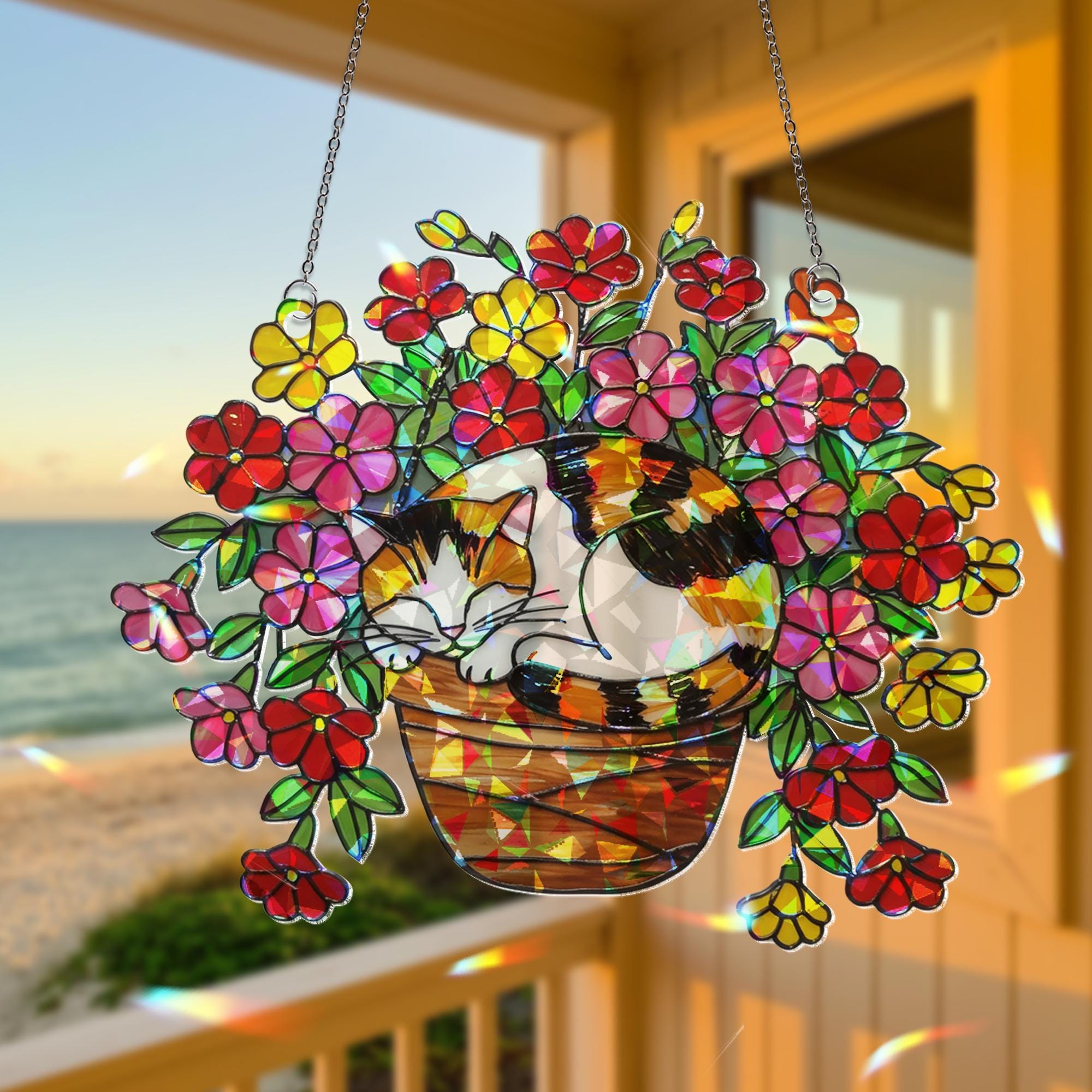 Calico Cat Flower Pot Suncatcher, Sleeping Cat Window Decor, Million Bells Holographic Art, Cat Plant Lover Gift, Boho Pet Decor