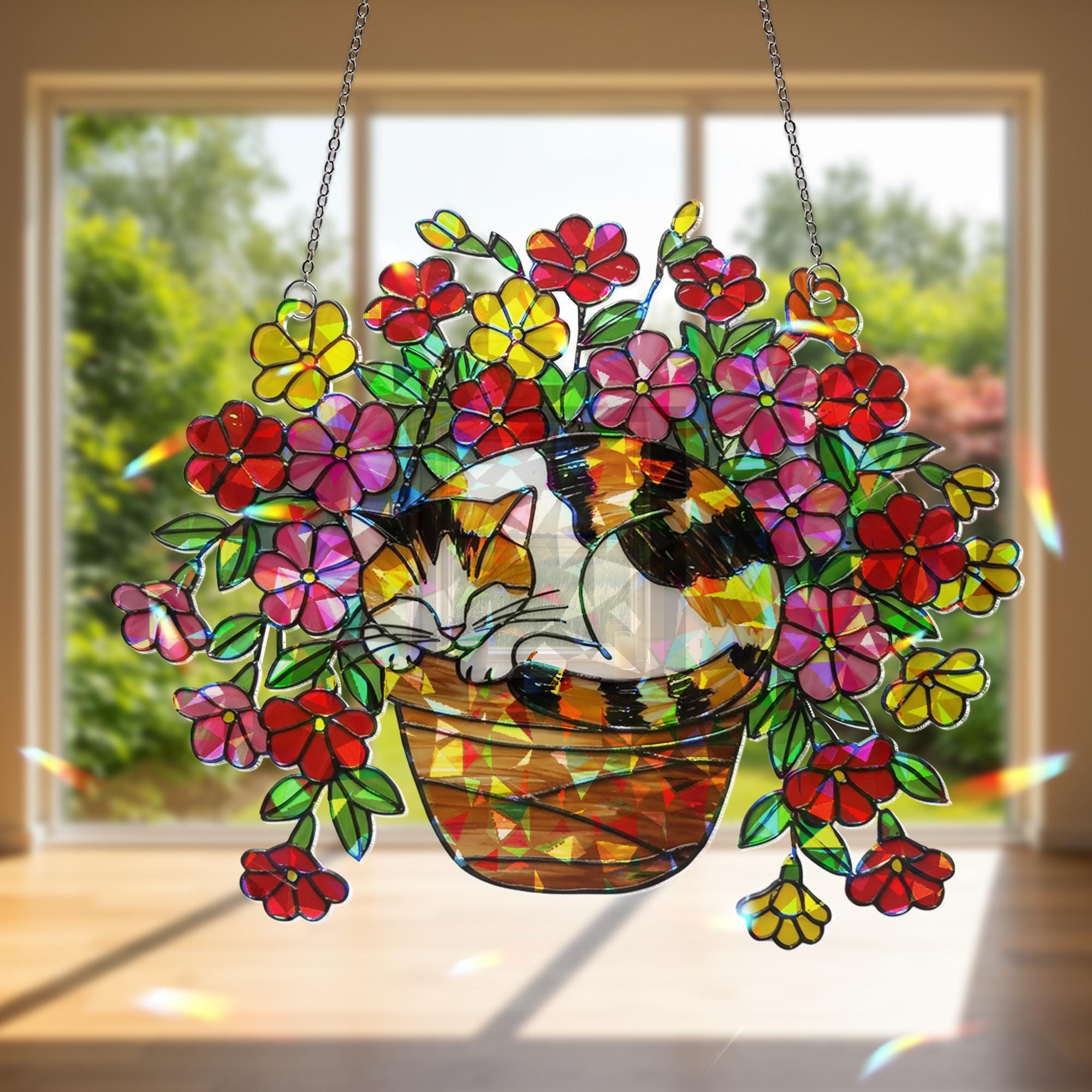 Calico Cat Flower Pot Suncatcher, Sleeping Cat Window Decor, Million Bells Holographic Art, Cat Plant Lover Gift, Boho Pet Decor