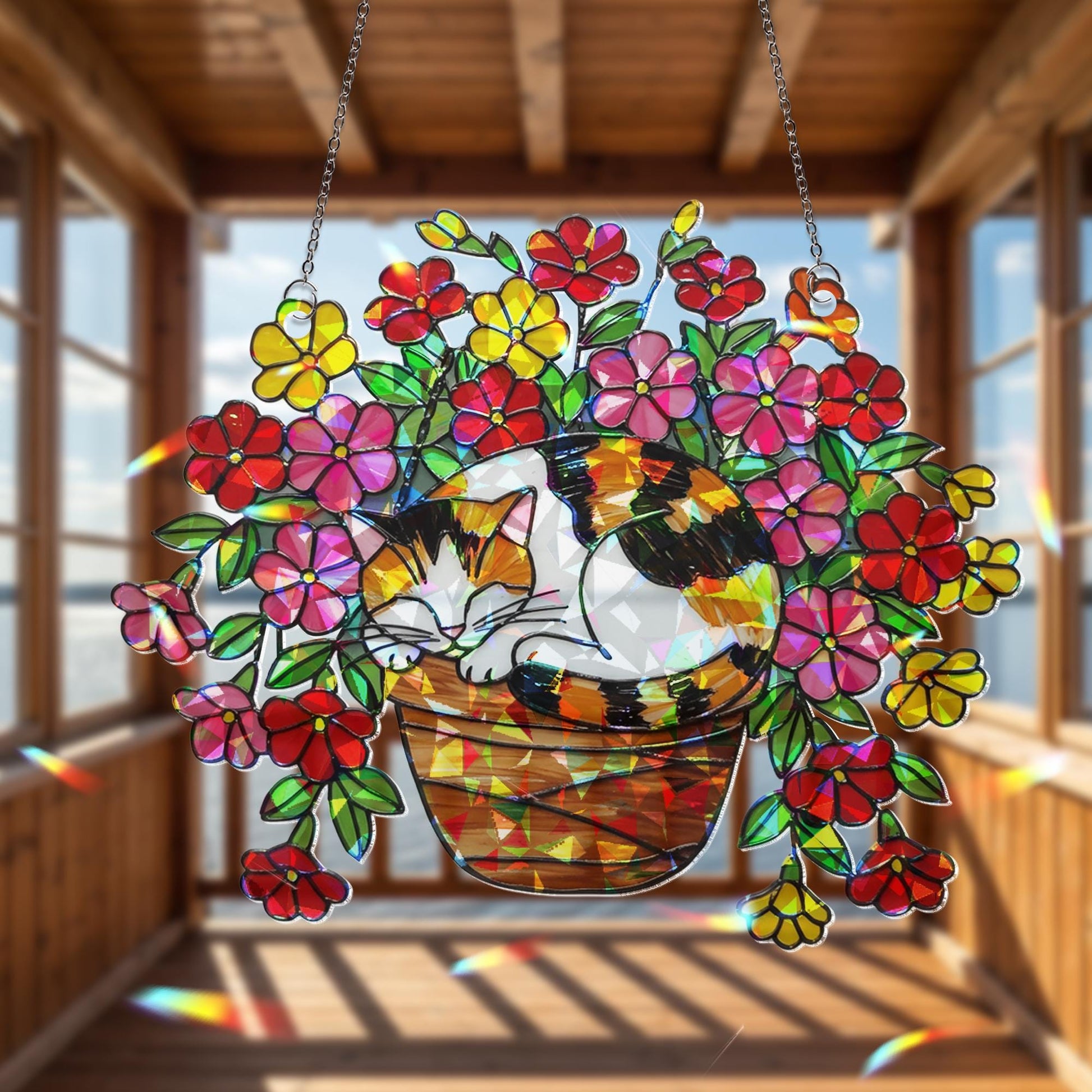 Calico Cat Flower Pot Suncatcher, Sleeping Cat Window Decor, Million Bells Holographic Art, Cat Plant Lover Gift, Boho Pet Decor