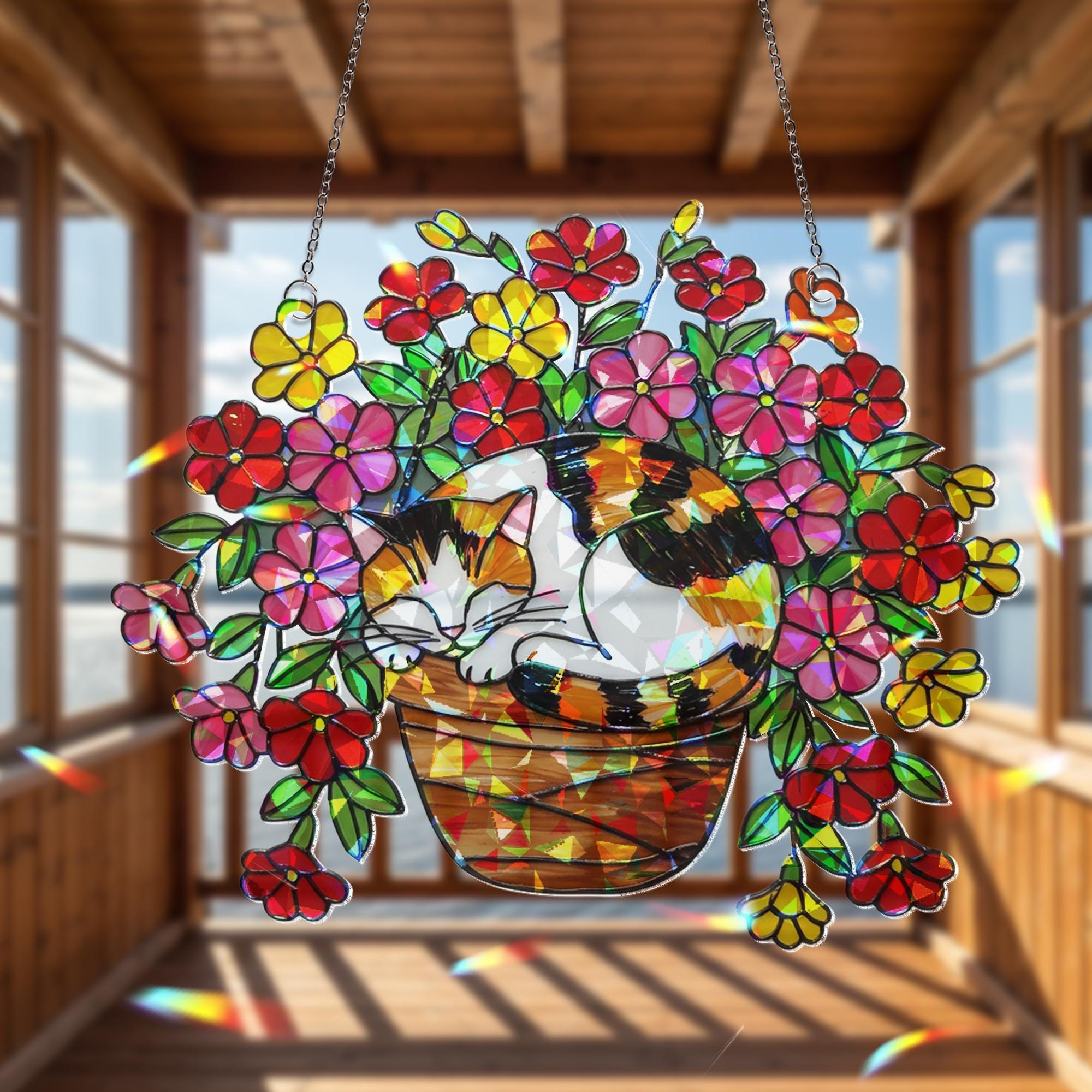 Calico Cat Flower Pot Suncatcher, Sleeping Cat Window Decor, Million Bells Holographic Art, Cat Plant Lover Gift, Boho Pet Decor