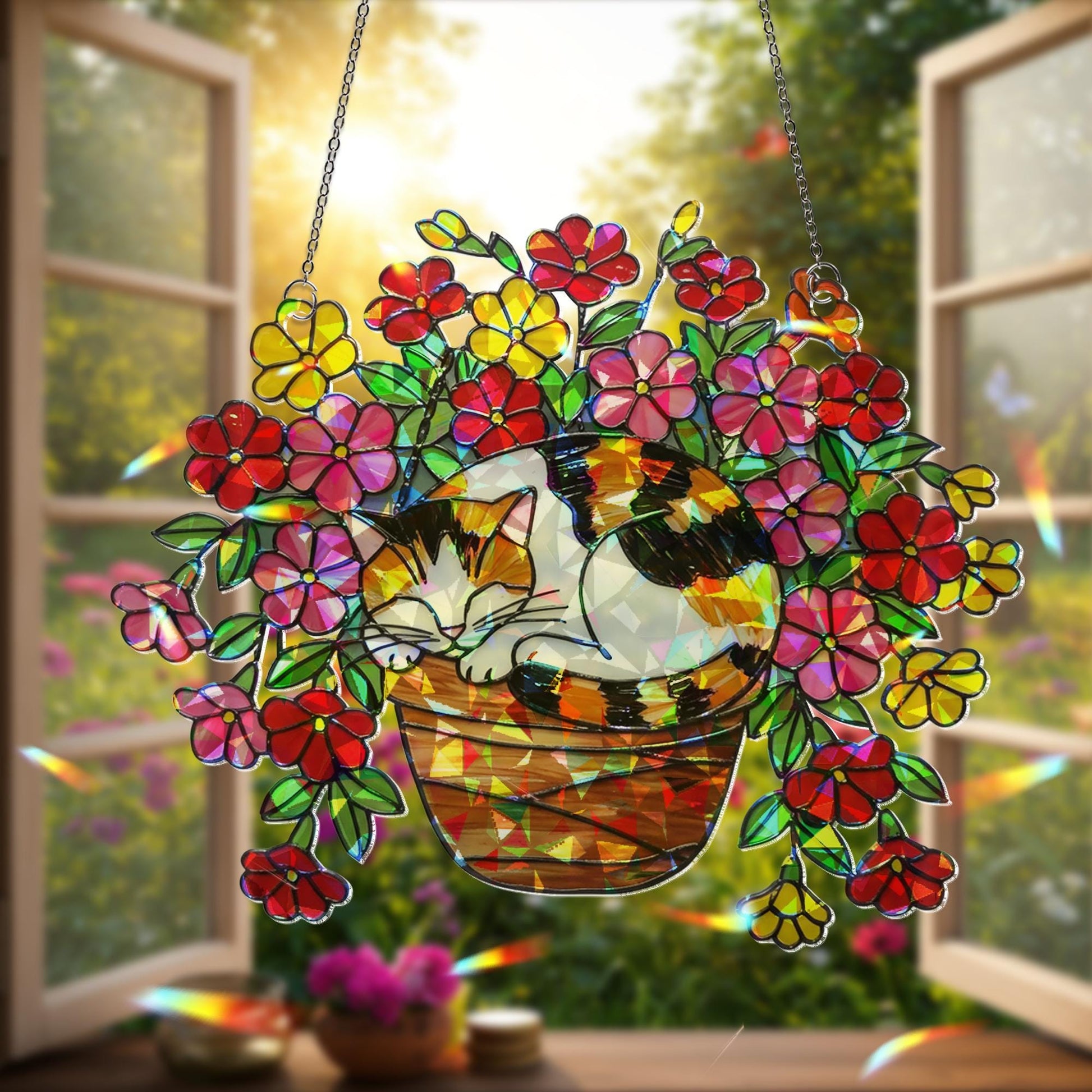 Calico Cat Flower Pot Suncatcher, Sleeping Cat Window Decor, Million Bells Holographic Art, Cat Plant Lover Gift, Boho Pet Decor