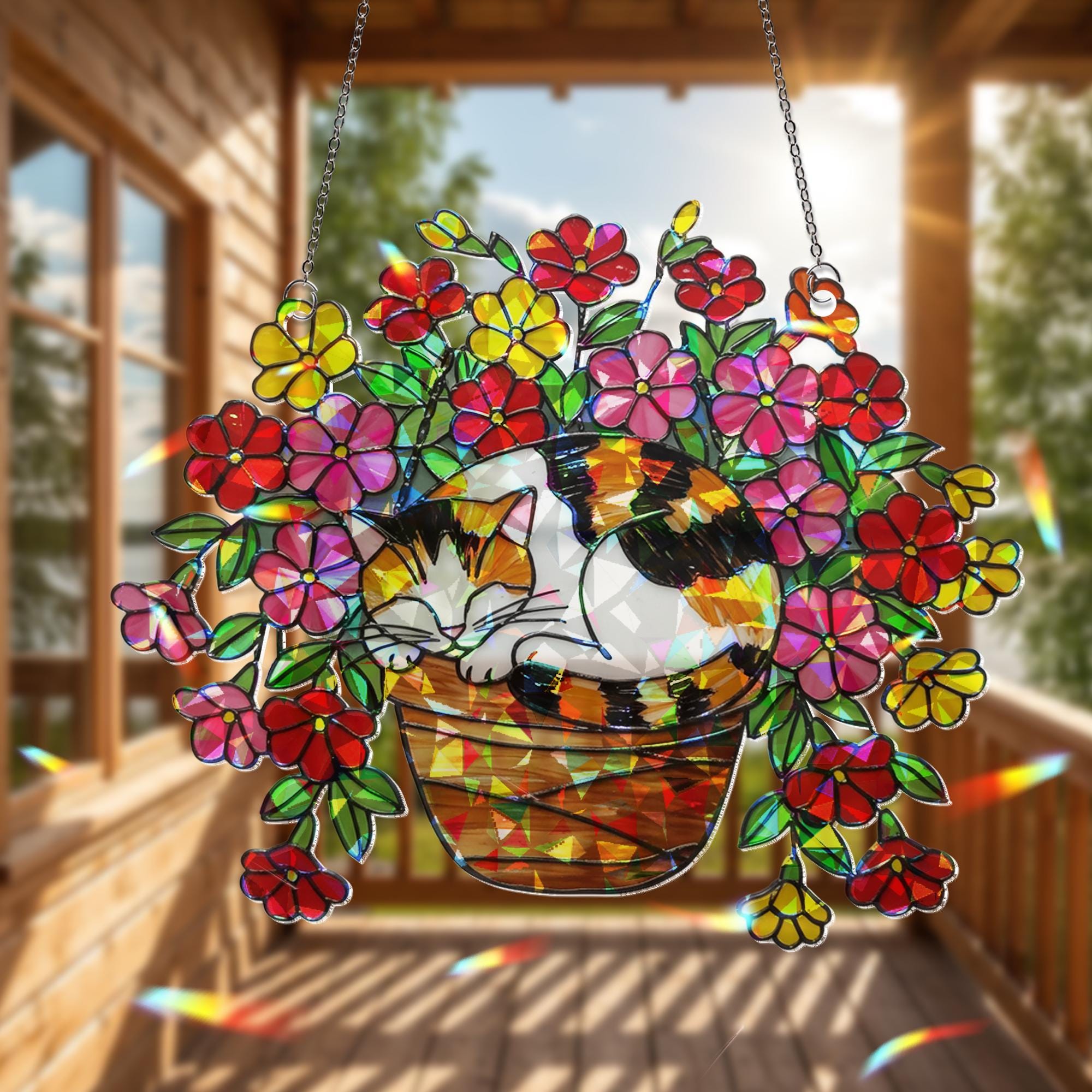 Calico Cat Flower Pot Suncatcher, Sleeping Cat Window Decor, Million Bells Holographic Art, Cat Plant Lover Gift, Boho Pet Decor