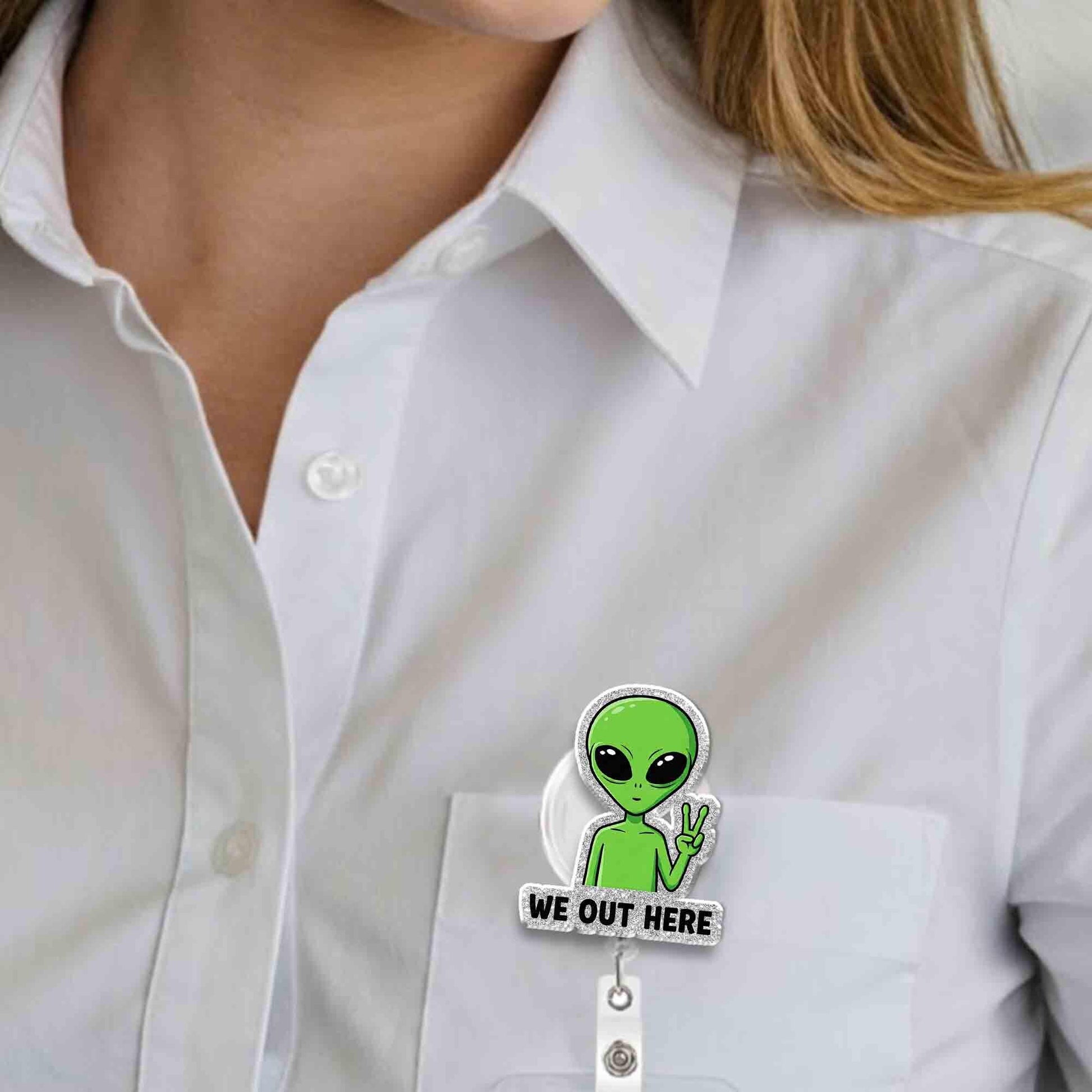 Funny Alien "We Out Here" Peace Sign Badge Reel, Retractable ID Holder, Cute UFO Acrylic Accessory, Gift for Nurse, Teacher, Office Staff