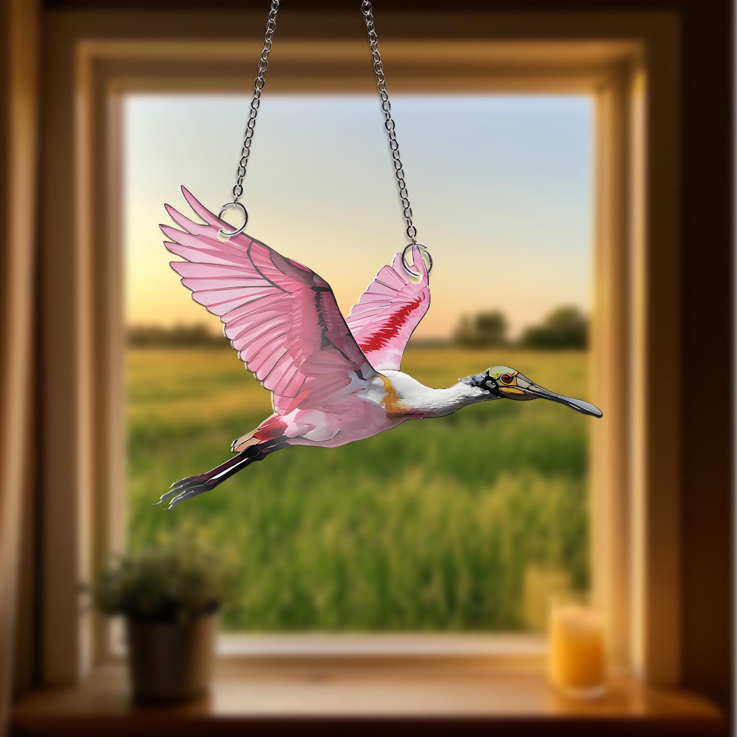 Flying Roseate Spoonbill ACRYLIC Window Hanging, Bird Window Decor, Bird Lover Gift, Bird Watching Gift, Pink Spoonbill Decor