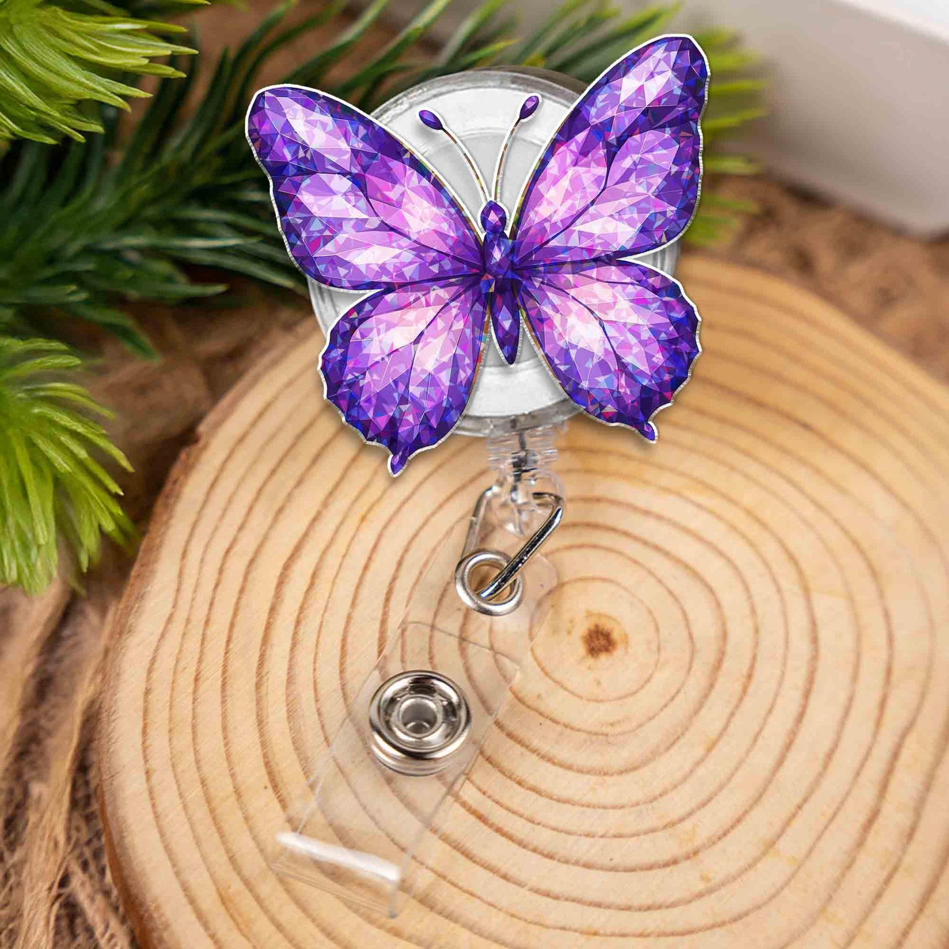Purple Butterfly Badge Reel, Gem Style ID Clip, Cute Nurse Badge Holder, Sparkly Badge Accessory, Floral Work Gift, Retractable Reel