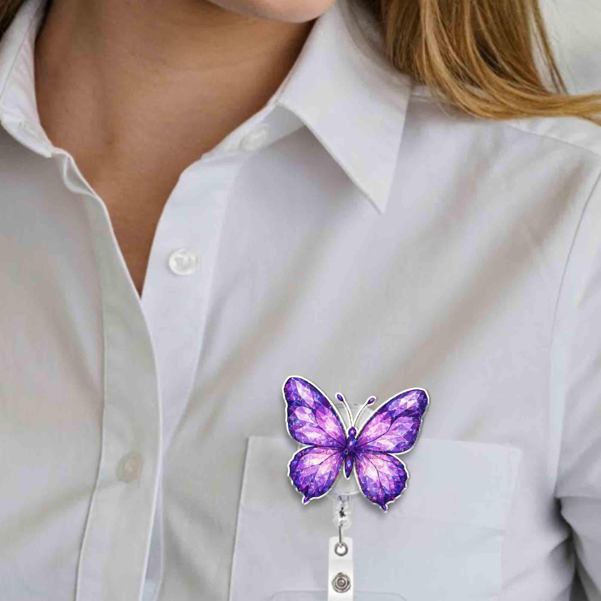 Purple Butterfly Badge Reel, Gem Style ID Clip, Cute Nurse Badge Holder, Sparkly Badge Accessory, Floral Work Gift, Retractable Reel