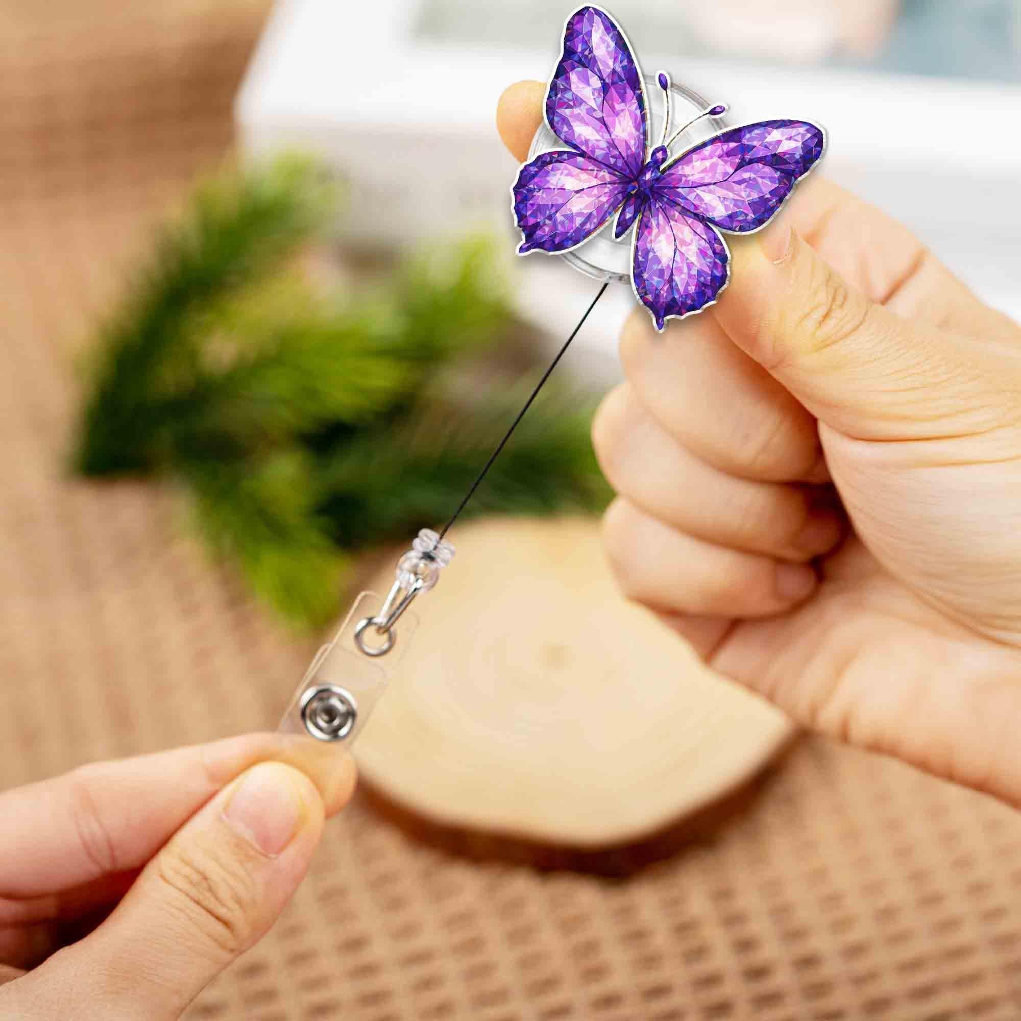 Purple Butterfly Badge Reel, Gem Style ID Clip, Cute Nurse Badge Holder, Sparkly Badge Accessory, Floral Work Gift, Retractable Reel