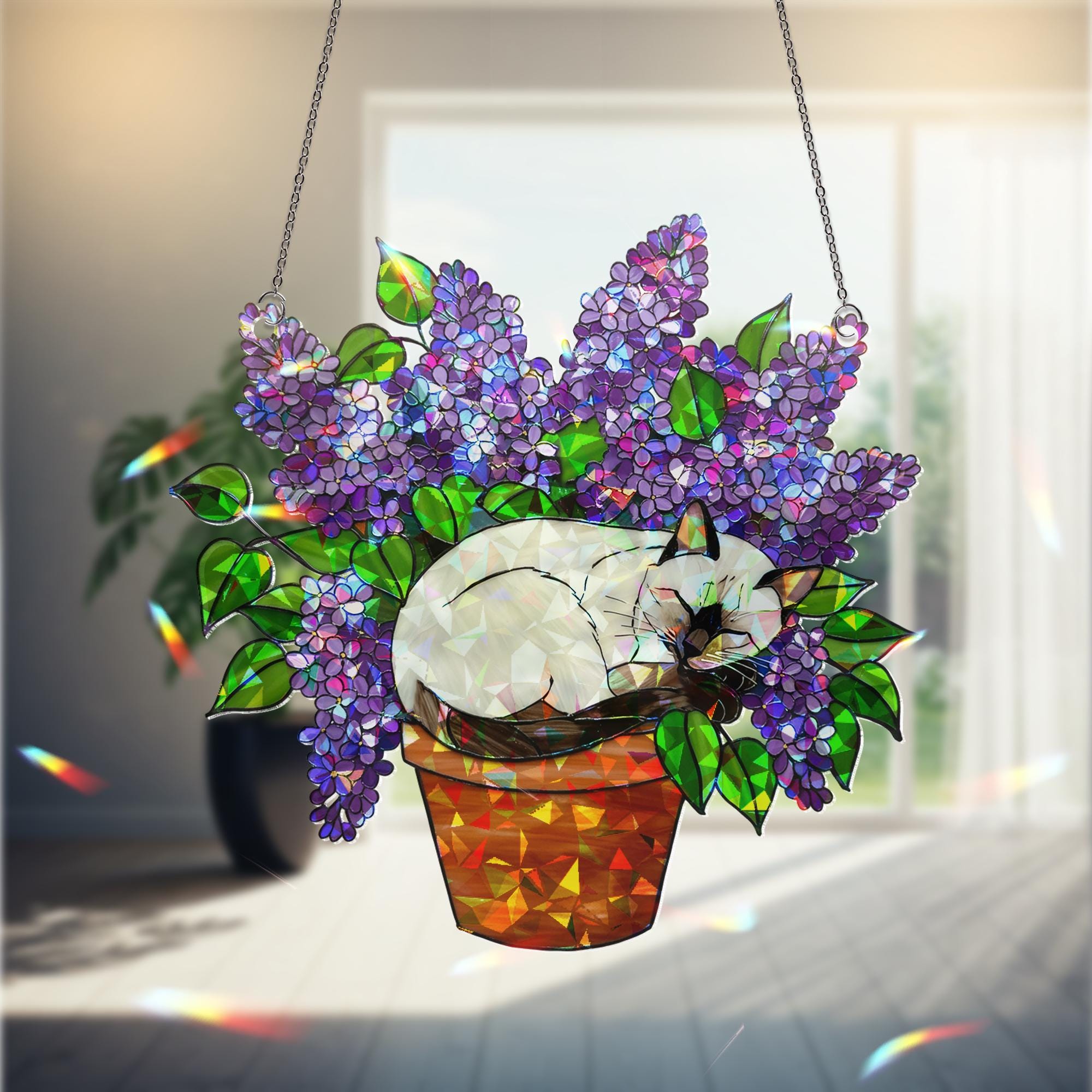 Holographic Siamese Cat Sleep in Lilac Flower Pot, Acrylic Window Hanging, Cat Mom Gift, Floral Cat Decor, Sleeping Cat Art, Cute Pet Gift