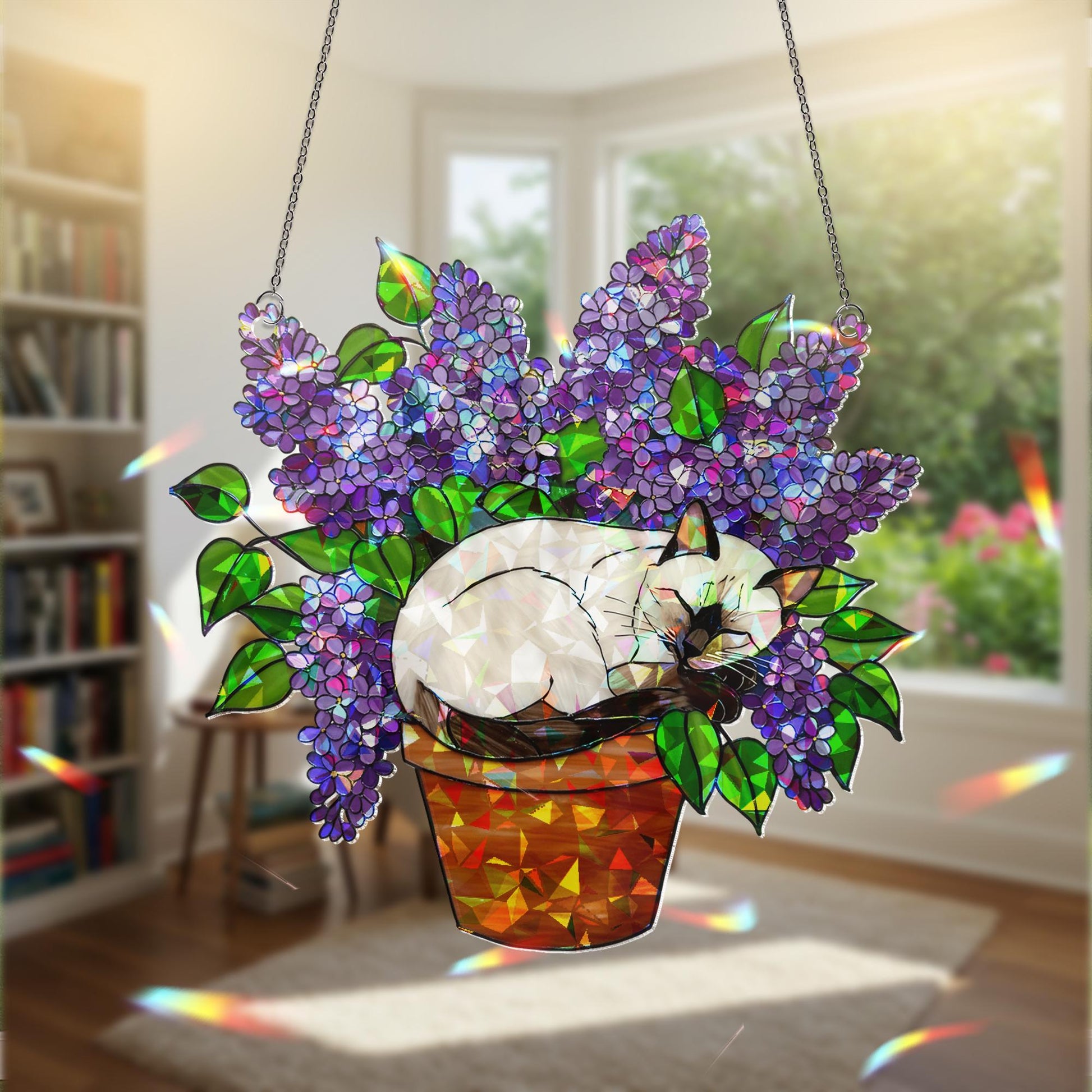 Holographic Siamese Cat Sleep in Lilac Flower Pot, Acrylic Window Hanging, Cat Mom Gift, Floral Cat Decor, Sleeping Cat Art, Cute Pet Gift