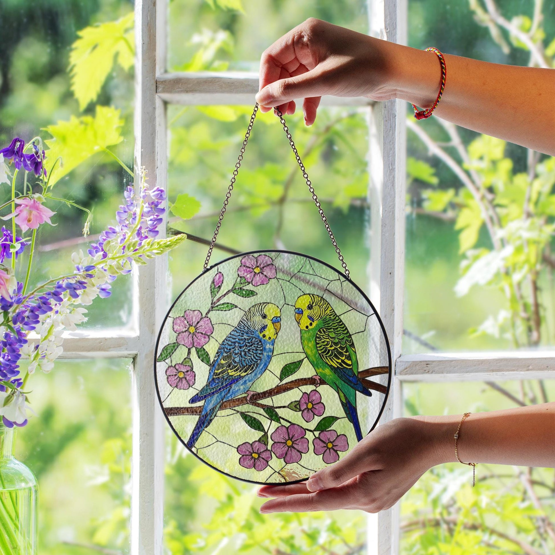 Budgie Couple Suncatcher, Parakeet Lovebirds Glass Window Decor, Glass Bird Ornament, Budgerigar Gift for Bird Lovers, Gift For Mom Grandma