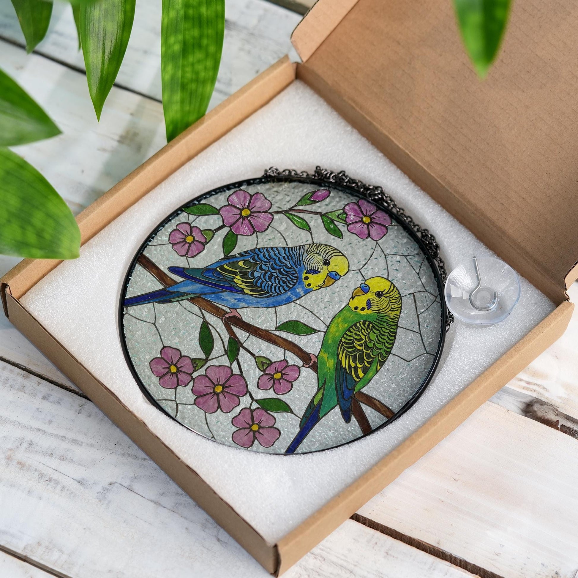 Budgie Couple Suncatcher, Parakeet Lovebirds Glass Window Decor, Glass Bird Ornament, Budgerigar Gift for Bird Lovers, Gift For Mom Grandma
