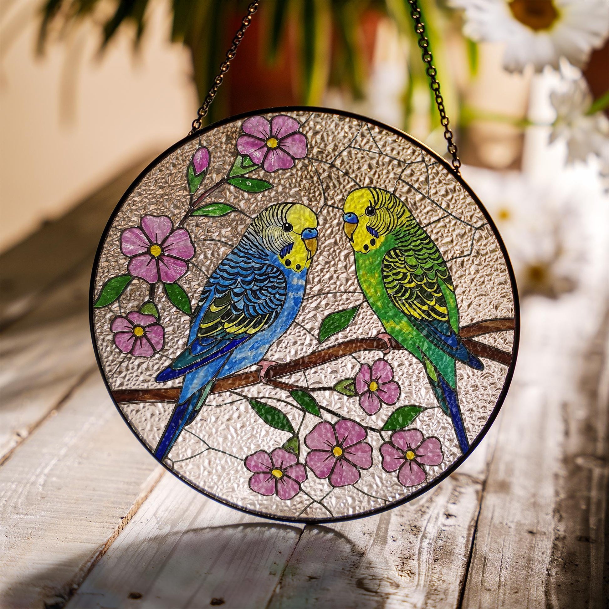 Budgie Couple Suncatcher, Parakeet Lovebirds Glass Window Decor, Glass Bird Ornament, Budgerigar Gift for Bird Lovers, Gift For Mom Grandma