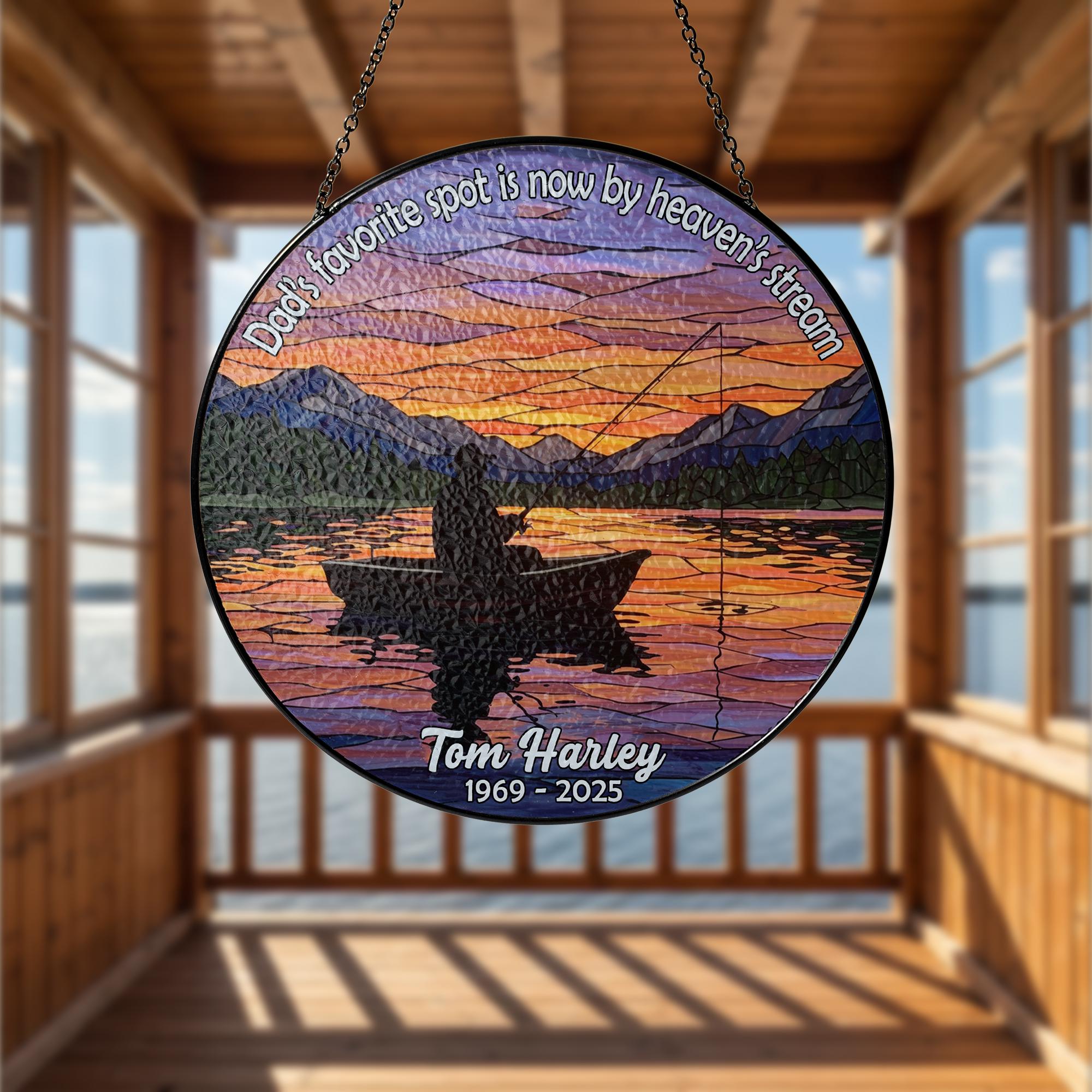 Fishing Dad Memorial GLASS Suncatcher, Remembrance Gift, Fisherman Tribute, Loss of Dad Gift, Glass Ornament, Memorial Decor