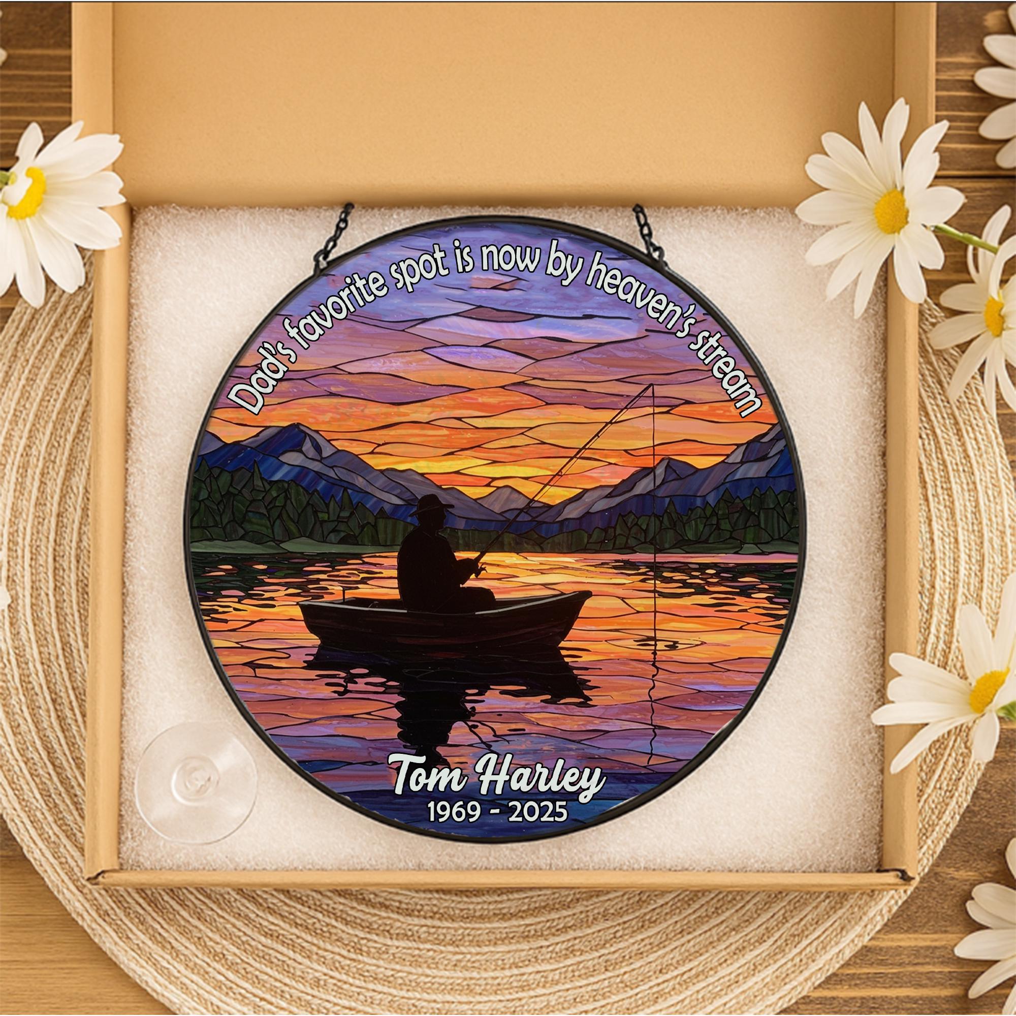Fishing Dad Memorial GLASS Suncatcher, Remembrance Gift, Fisherman Tribute, Loss of Dad Gift, Glass Ornament, Memorial Decor