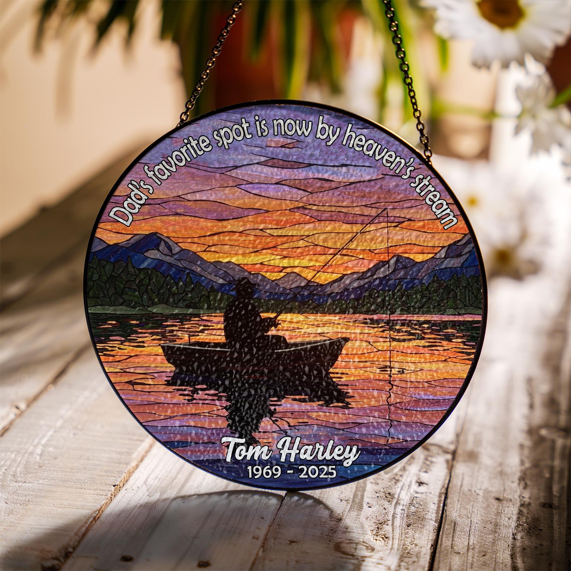 Fishing Dad Memorial GLASS Suncatcher, Remembrance Gift, Fisherman Tribute, Loss of Dad Gift, Glass Ornament, Memorial Decor