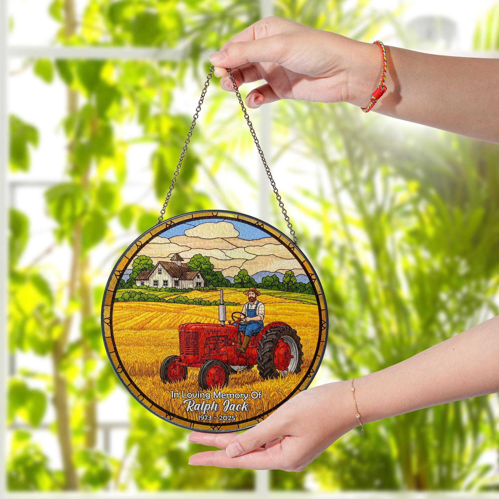 Memorial Dad Tractor Suncatcher, Farmer Glass Ornament, Rustic Farm Glass Window Decor, Gift for Dad, Country Living Art, Father's Day Gift