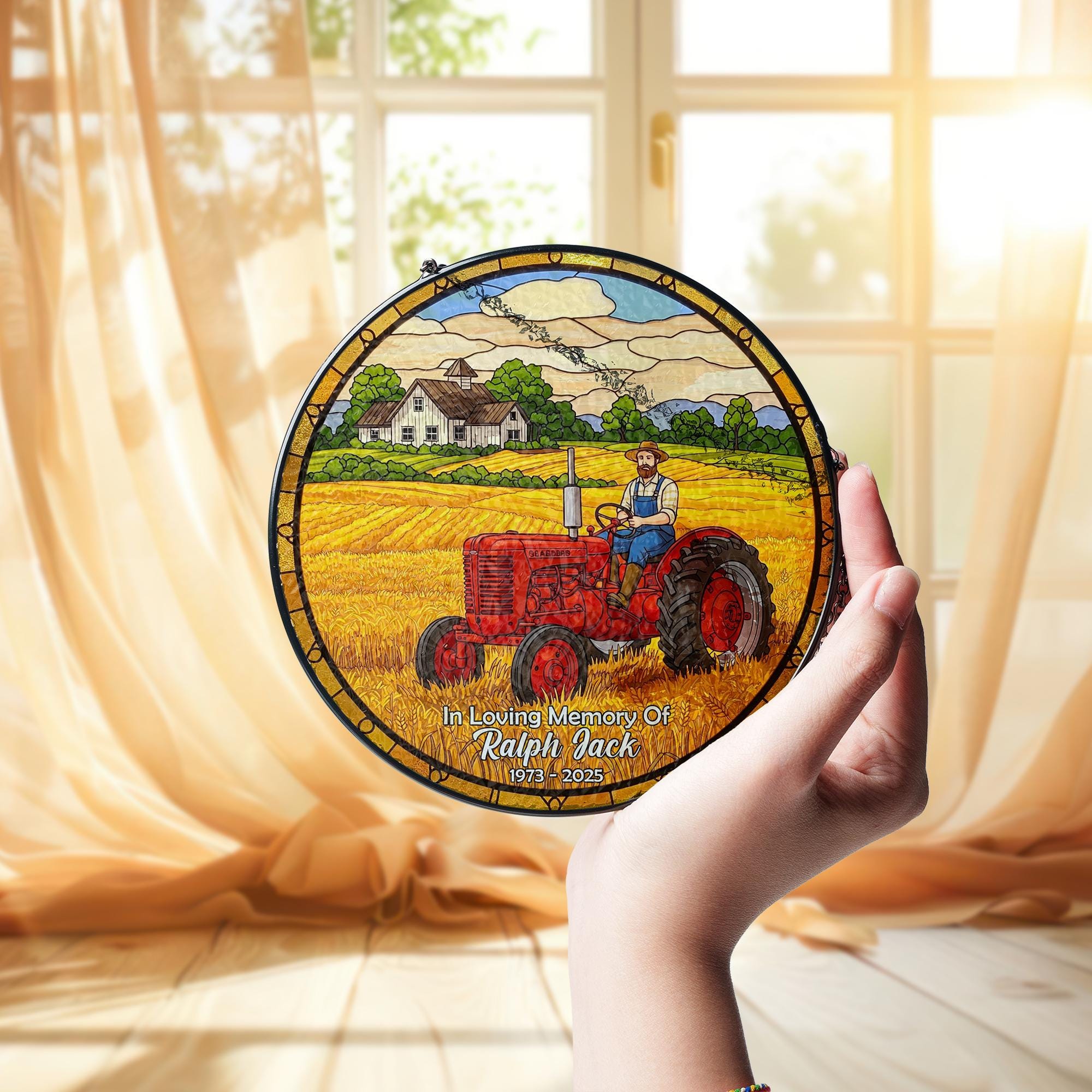 Memorial Dad Tractor Suncatcher, Farmer Glass Ornament, Rustic Farm Glass Window Decor, Gift for Dad, Country Living Art, Father's Day Gift