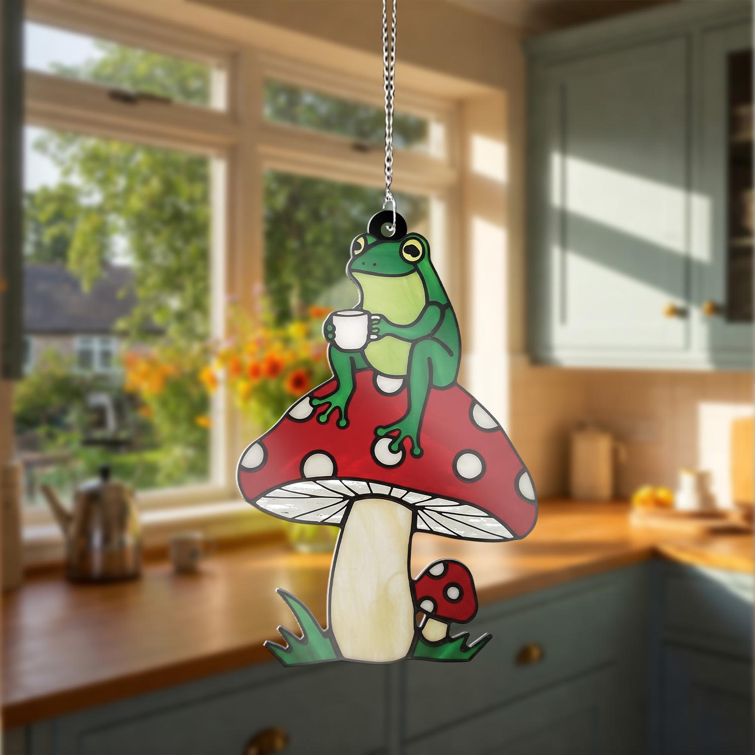 Frog on Mushroom ACRYLIC Window Hanging, Cute Coffee Frog Art, Whimsical Frog Window Decor, Cottagecore Frog Gift, Funny Home Decor