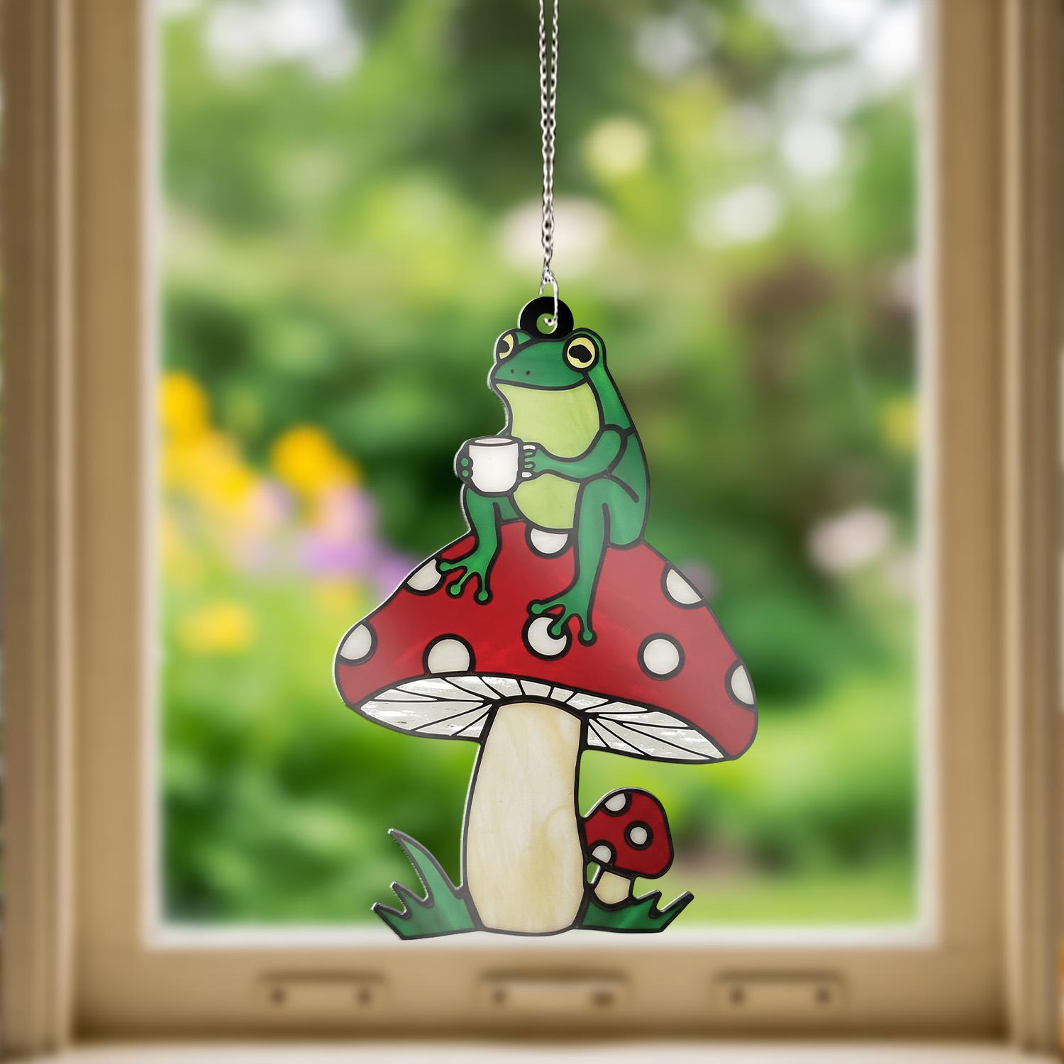 Frog on Mushroom ACRYLIC Window Hanging, Cute Coffee Frog Art, Whimsical Frog Window Decor, Cottagecore Frog Gift, Funny Home Decor
