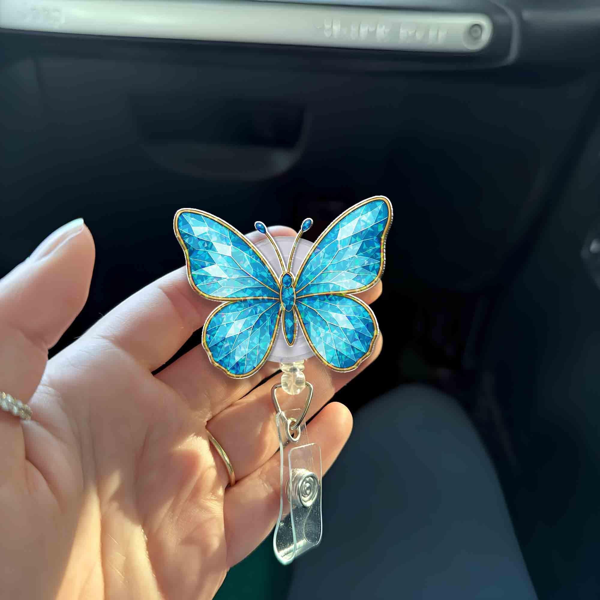 Blue Butterfly Badge Reel, Crystal Inlay ID Holder, Cute Nature Work Clip, Nurse Gift for Her, Spring Aesthetic Name Tag