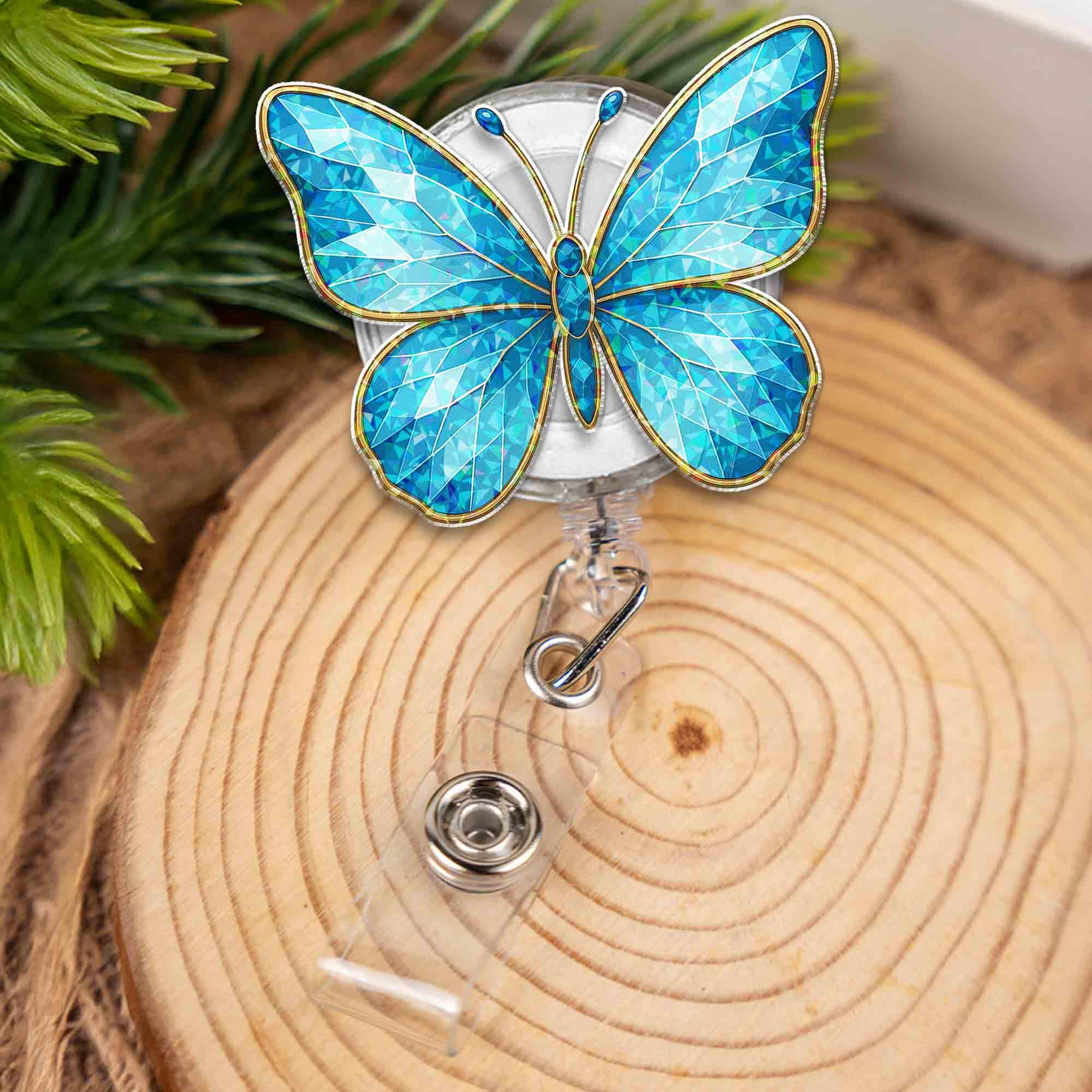 Blue Butterfly Badge Reel, Crystal Inlay ID Holder, Cute Nature Work Clip, Nurse Gift for Her, Spring Aesthetic Name Tag