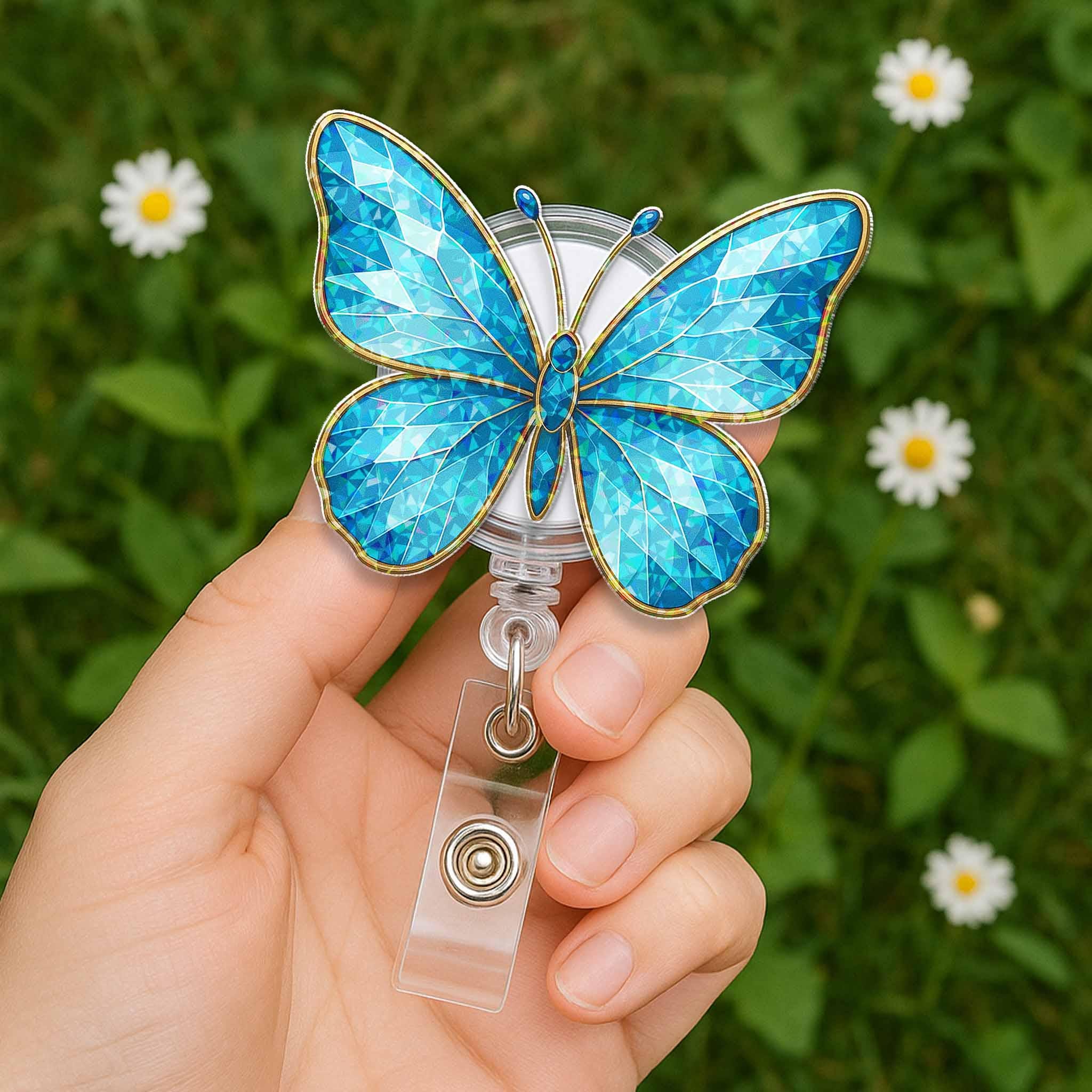 Blue Butterfly Badge Reel, Crystal Inlay ID Holder, Cute Nature Work Clip, Nurse Gift for Her, Spring Aesthetic Name Tag