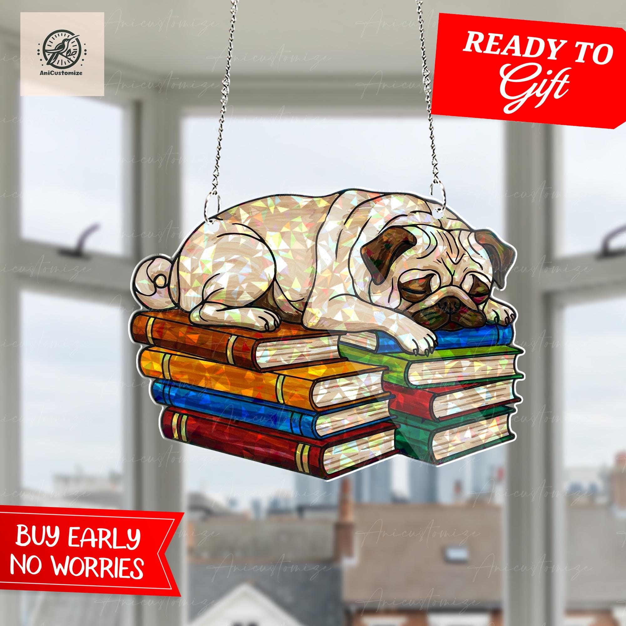 Pug Sleeping On Bookstack Hologram Decor, Pug Bookish Decor, Pug Lover Gift, Pug Mom Gift, Book Lover, Reading Lover Gift, Gift For Dog Mom