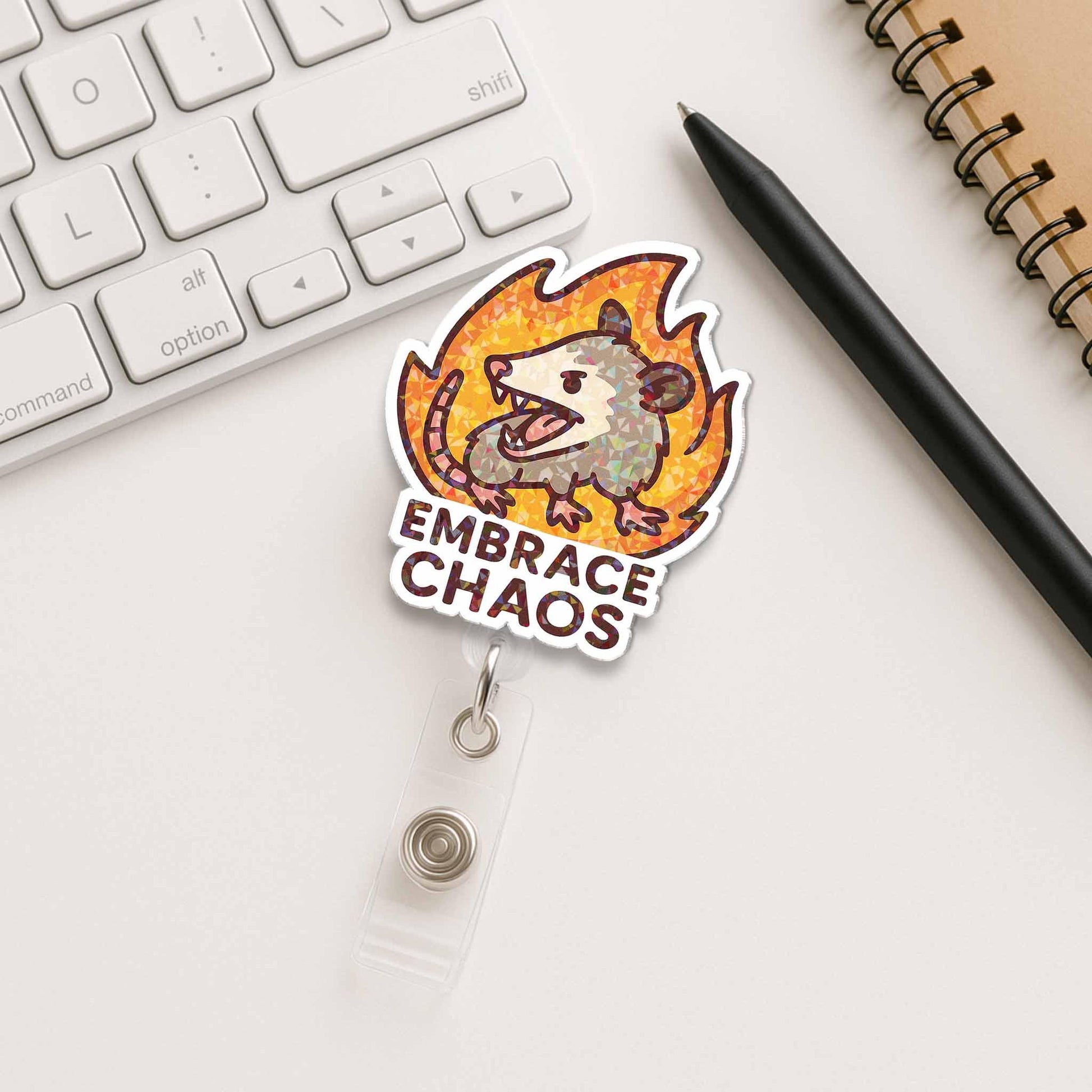 Embrace Chaos Opossum Badge Reel, Funny Possum ID Holder, Cute Retractable Lanyard Clip for Nurse Teacher Office, Animal Gift