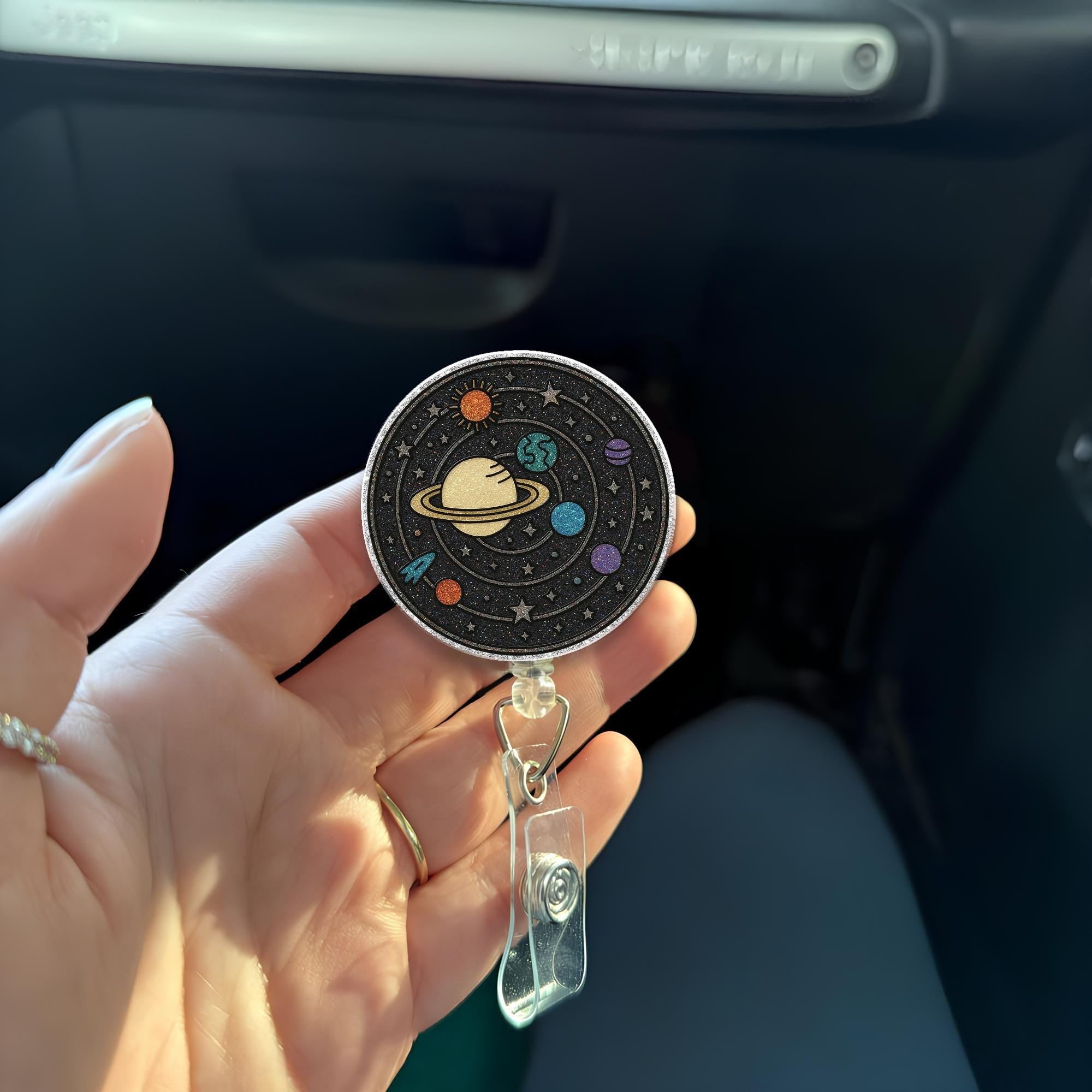 Glitter Planet Badge Reel, Cosmic ID Holder for Work, Space Lover Name Tag, Galaxy Aesthetic Clip, Cute Gift for Teachers or Nurses