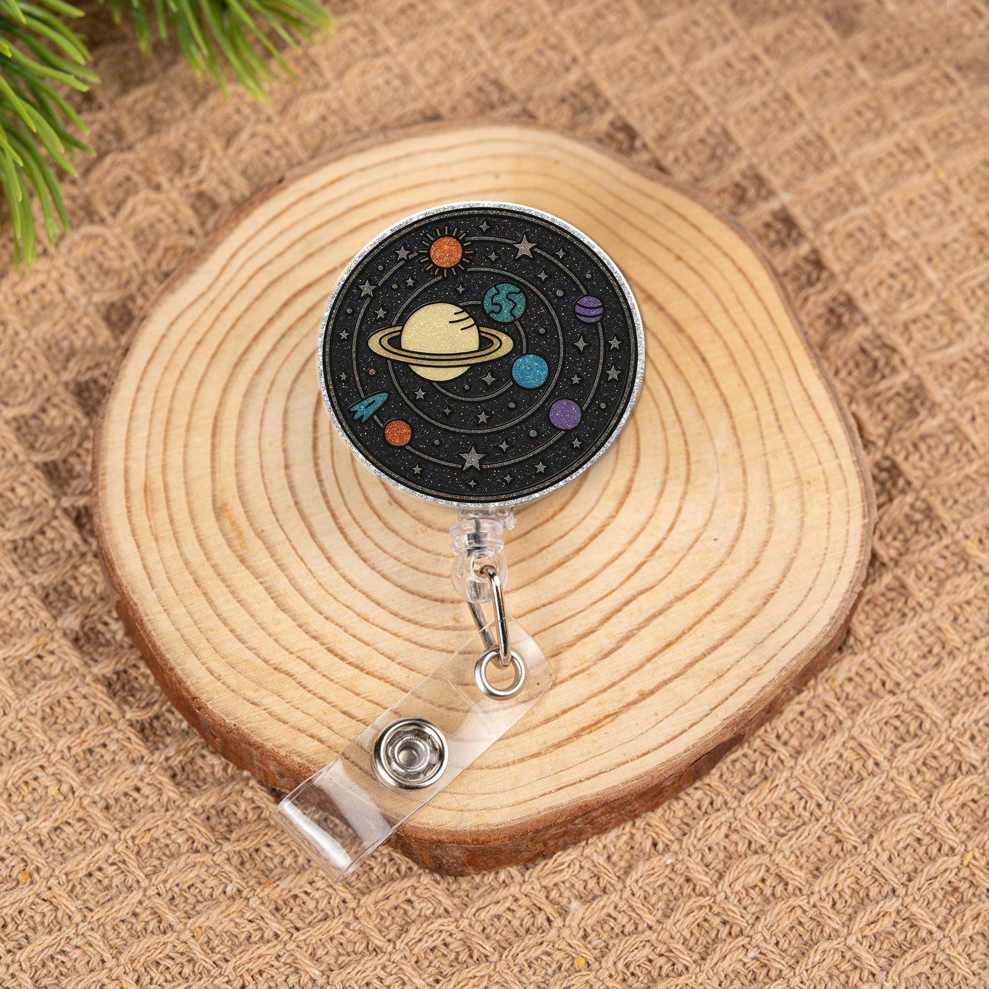 Glitter Planet Badge Reel, Cosmic ID Holder for Work, Space Lover Name Tag, Galaxy Aesthetic Clip, Cute Gift for Teachers or Nurses